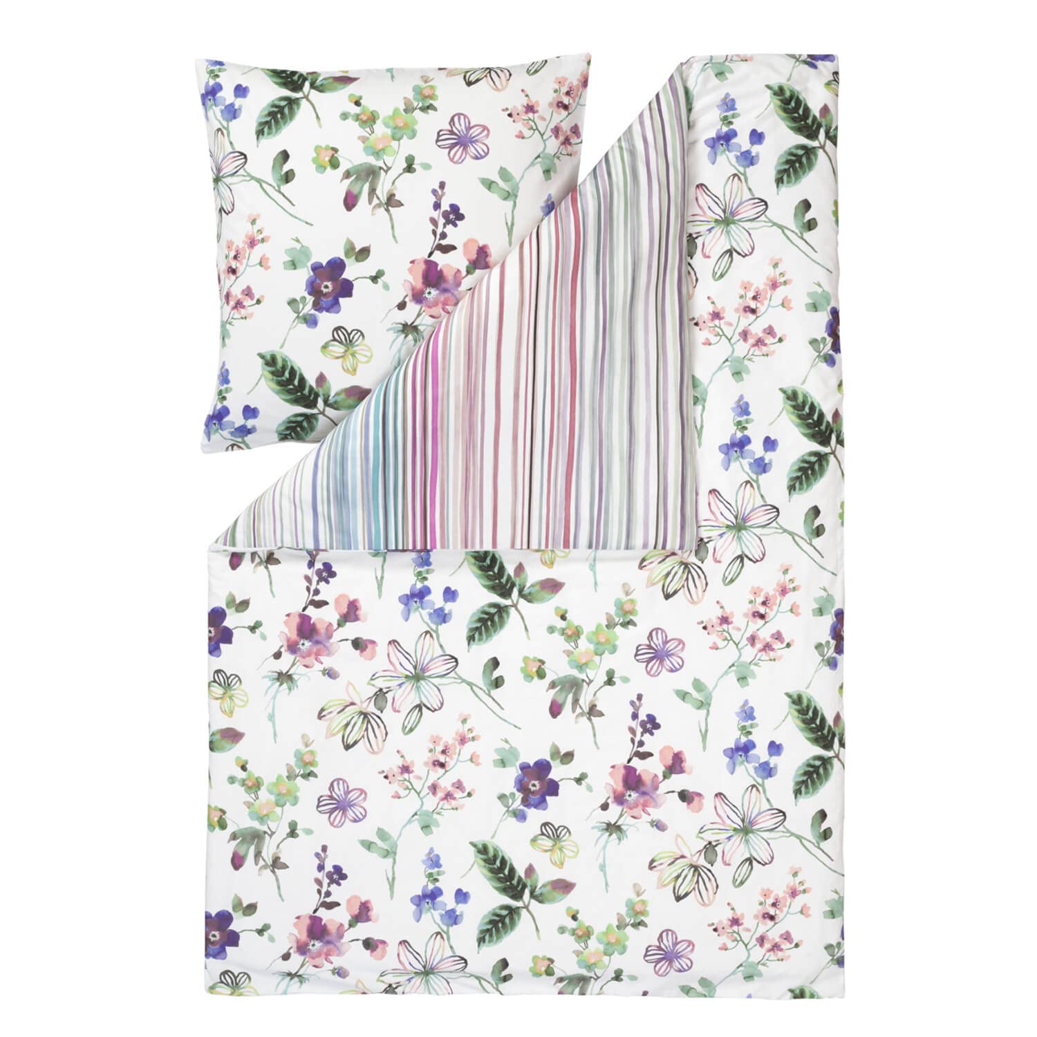 ESTELLA Bettwäsche Lily 4747 985 Bunt Blumen Blüten Blätter Weiß Gestreift Aquarell Streifen Mako Satin, Größe:135 cm x 200 cm