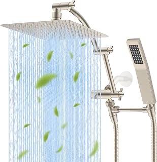 Hibbent All Metal 10'' Rainfall Shower Head, Dual Shower Head Combo, High Pressure Handheld Shower Wand, 16'' Adjustable Arc-shaped Shower Extension Arm, 71'' Hose, Showerhead Holder, Brushed Nickel