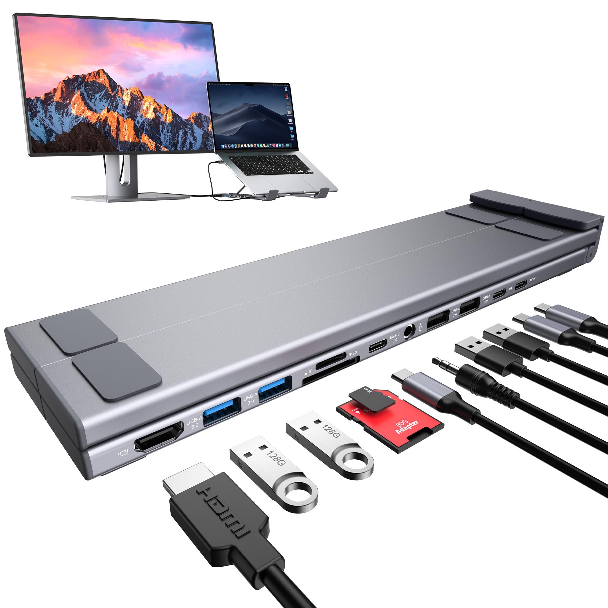 Laptop Docking Station Stand, Dock Tablet Stand, 11 in 1 USB C Hub with 4K@60Hz HDMI,2 USB3.0,2 USB2.0,PD 100W,USB C 3.0+SD/TF+Audio Universal Dock Station for MacBook Pro/Air/Dell/HP/Surface/Lenovo