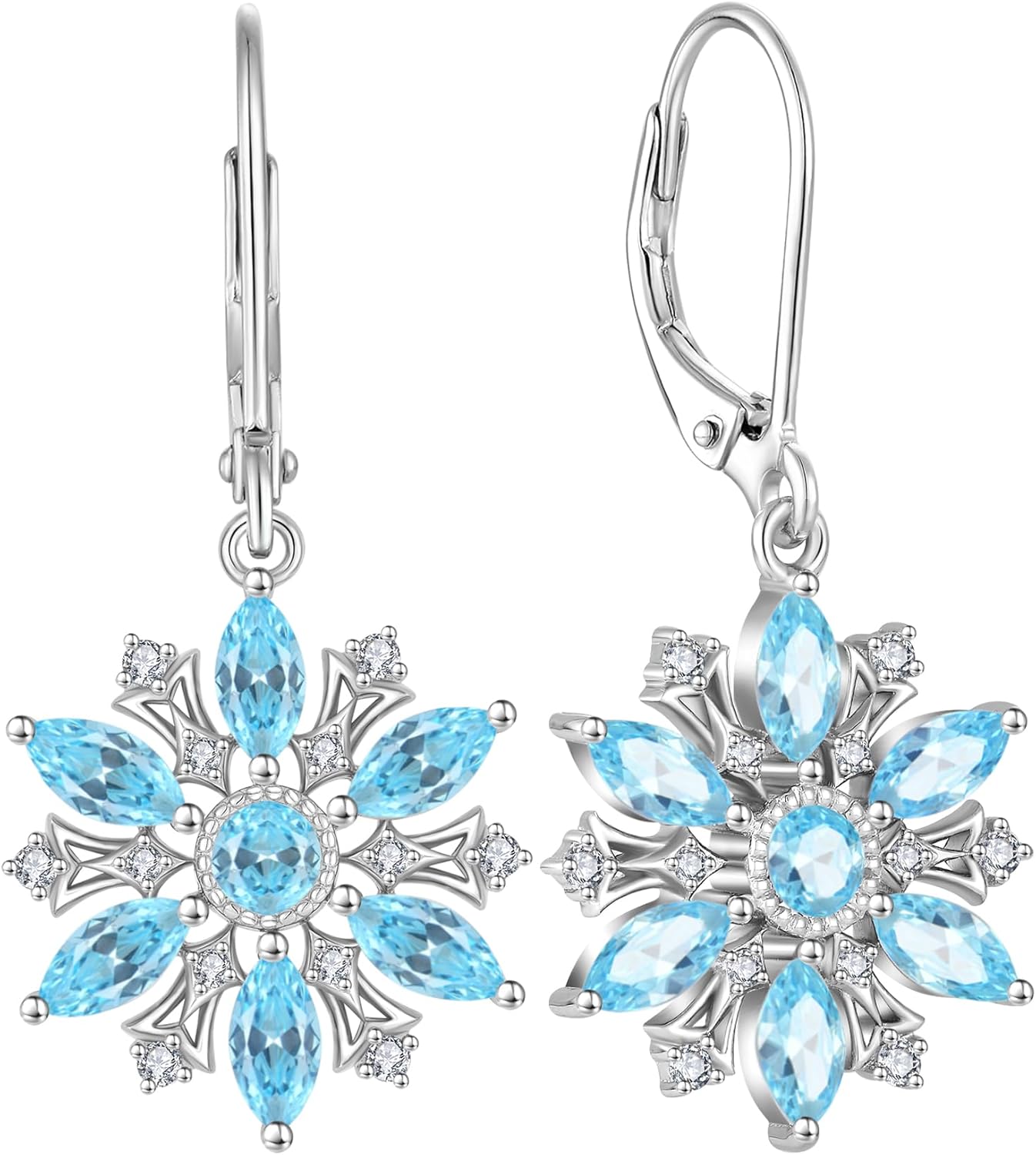 Snowflake Earrings for Women 925 Sterling Silver 5A White/Aquamarine Blue Cubic Zirconia Drop Earrings Leverback Dangle Earring Jewelry Gifts