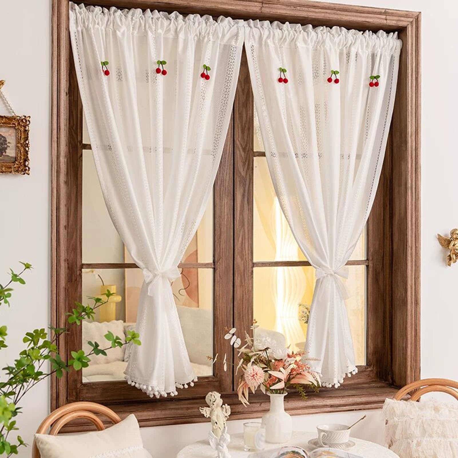 Rideaux en Dentelle Blanc avec Pompons, 2 Pièces Rideau Florales au Crochet de Ferme Française Filtre la Lumière Poche de Tige pour Armoire Salon(WxH150x220cm/59x86inch)
