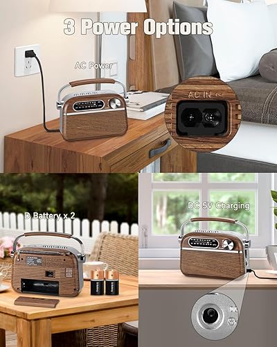 Miniatura 3 de PRUNUS J-130 - Radio AM FM portátil retro con enchufe de corriente alterna, funciona con bateríarecargable, radios de transistor con Bluetooth,
