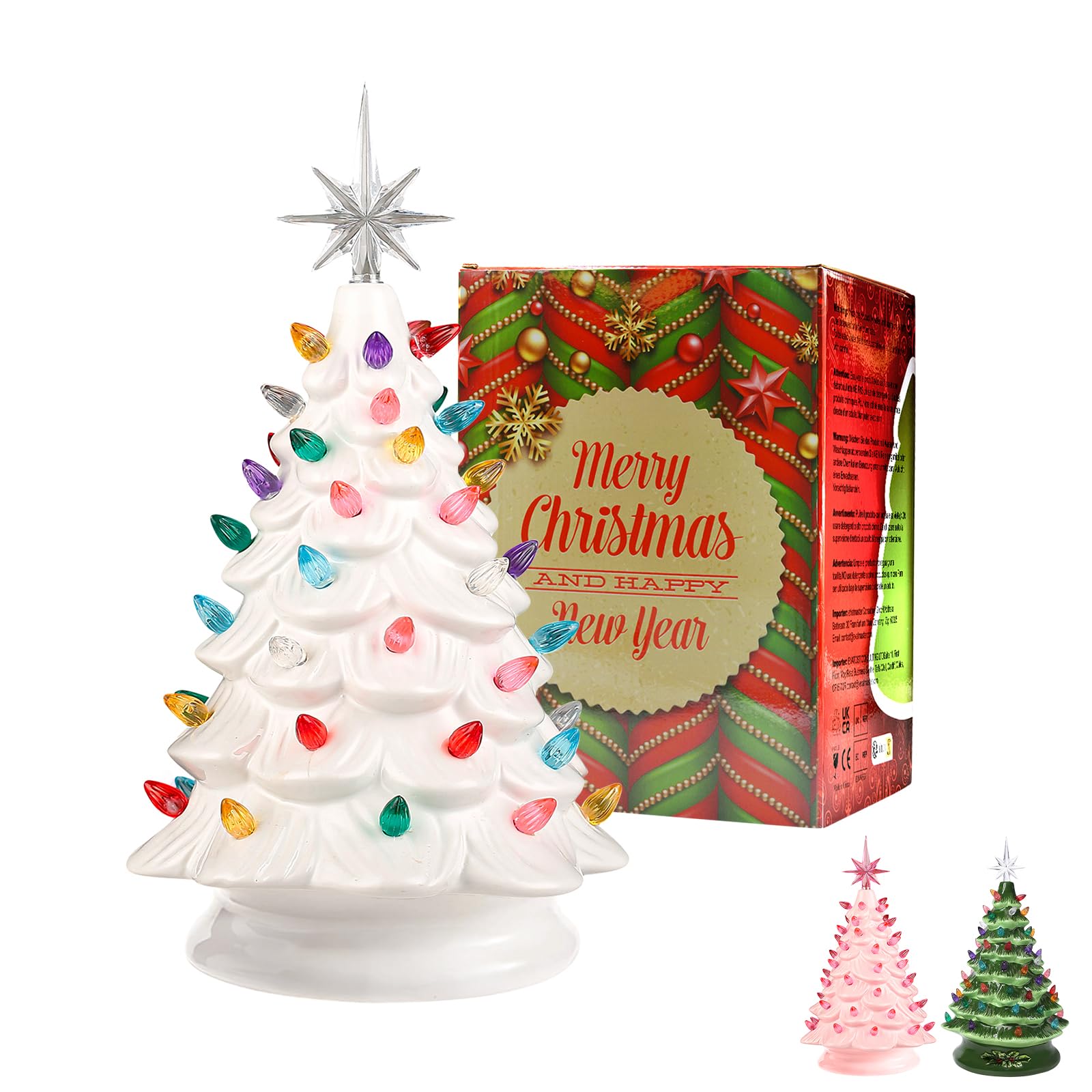 White Ceramic Christmas Tree Decorations 13 Inch Table Decoration Winter Tree Aesthetic Room Home Decor with Star Topper Vintage Christmas Decor Gifts for Family Friends