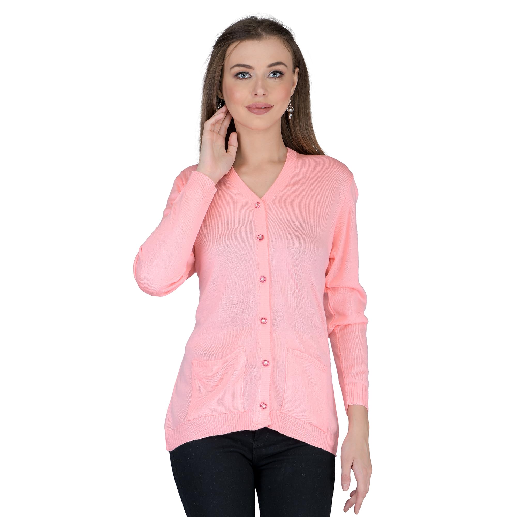 lady willington Women's Woolen V-Neck Cardigan - Daffodil Fabric, Thin, Warm, Pure Wool, Free Size, Cotty, Winter Wear (Pink, XL)-picture-28