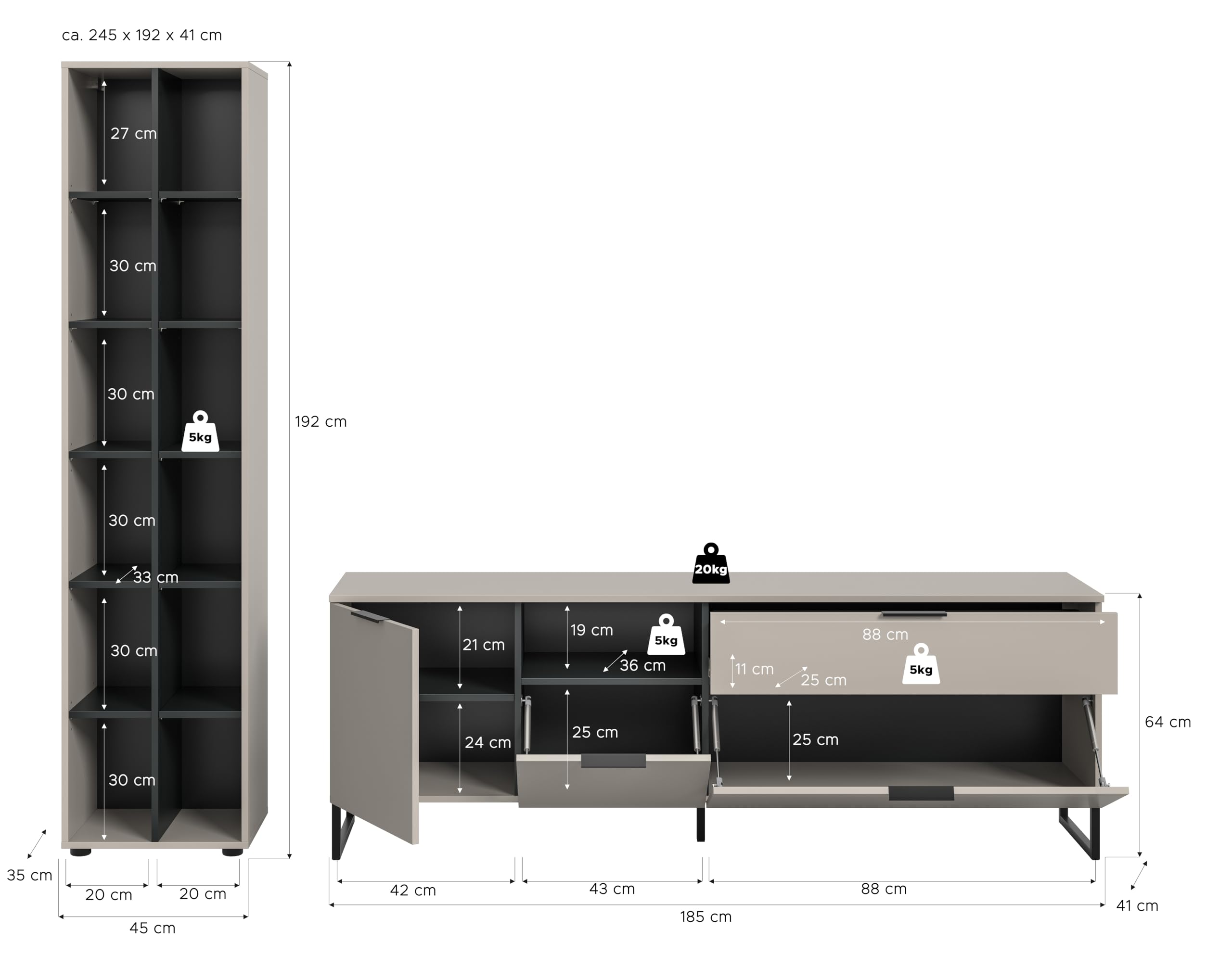 xonox.home – Wohnkombination Noida 245x192x41 cm in Kaschmir Nachbildung und Schwarz – Zeitgemäßes Wohnzimmermöbel-Set mit Stauraum – klar, modern & wohnlich