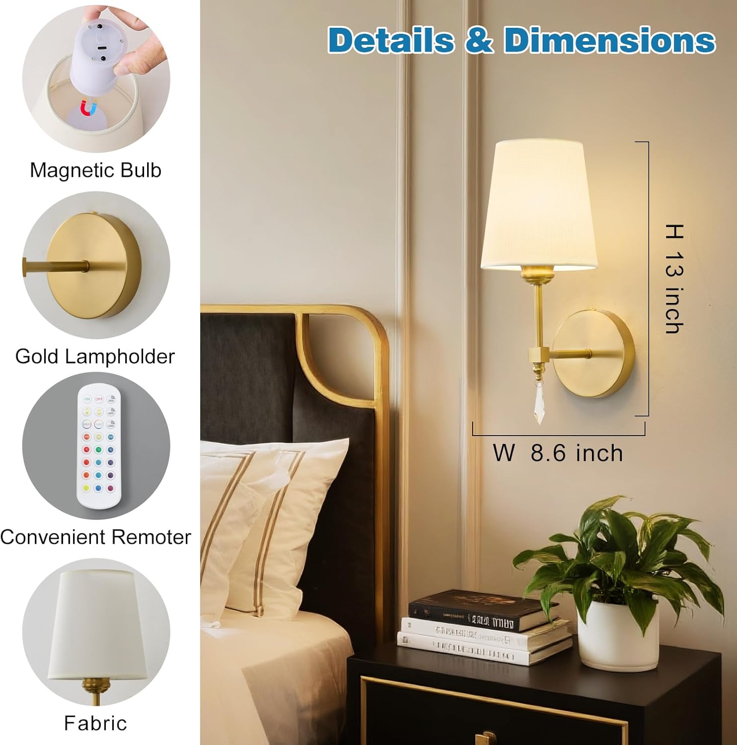 Wireless Wall sconces Set of Two,10000 Mah Battery Operated Wall Sconce with Remote,Dimmable 12 RGBS Rechargeable Wall Sconce,Cordless sconces wall decor set of 2 for Living Room,Bedroom (Gold)