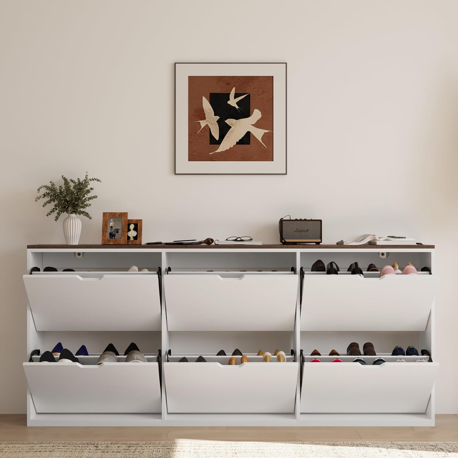 Bobve 70.87" Entryway Shoe Cabinet with 6 Flap Drawers,Large Shoe Storage Cabinet,Handleless White Thin Shoe Organizer with Adjustable Shelves Wall-mountable Suitable for Entrance, Garage, Hallway