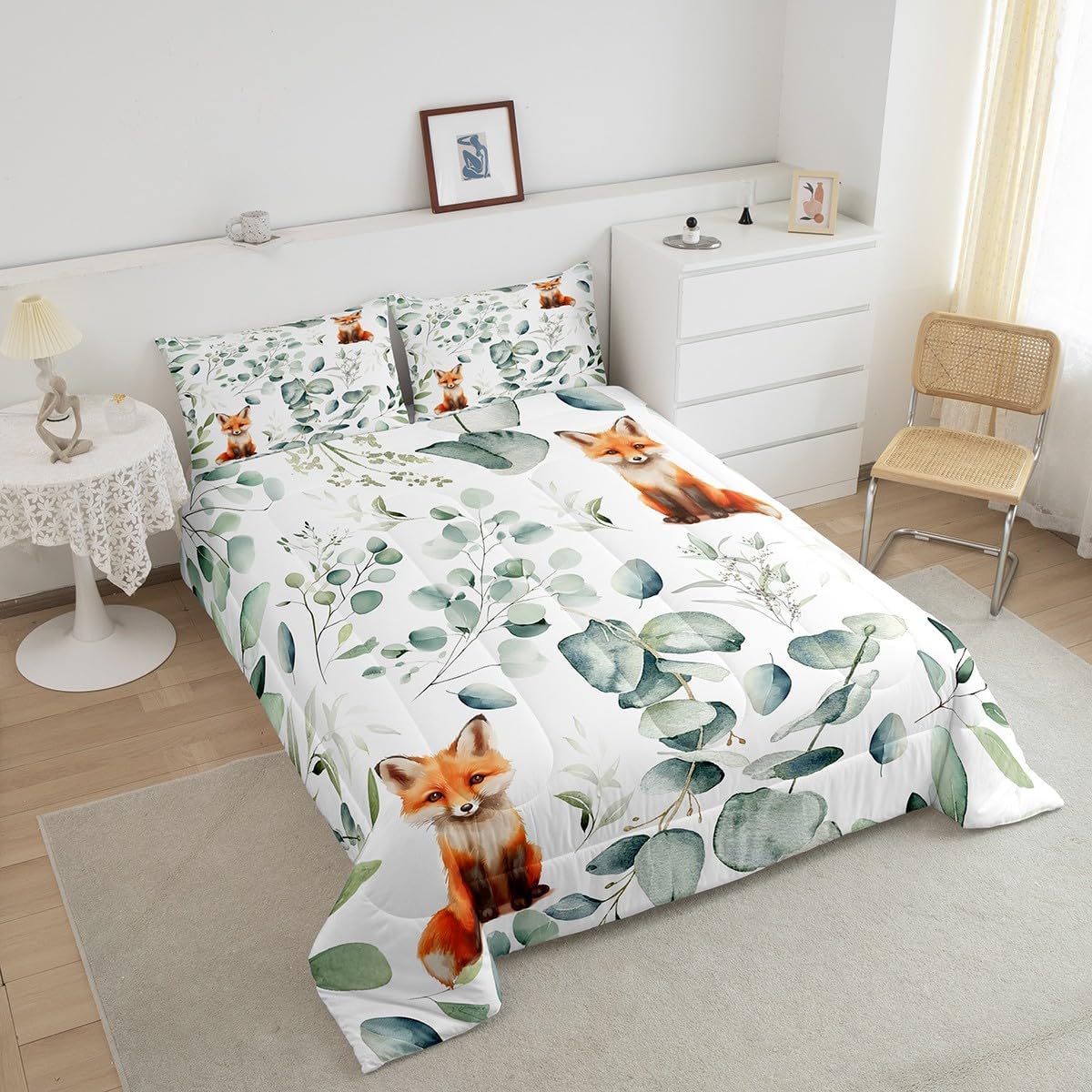 Erosebridal Girls Cartoon Animal Queen Size Comforter Set for Kids Toddler Kawaii Fox Bedding Set, Woodland Wildlife Down Comforter Jungle Wild Fox Bed Set, Botanical Green Eucalyptus Quilted Duvet