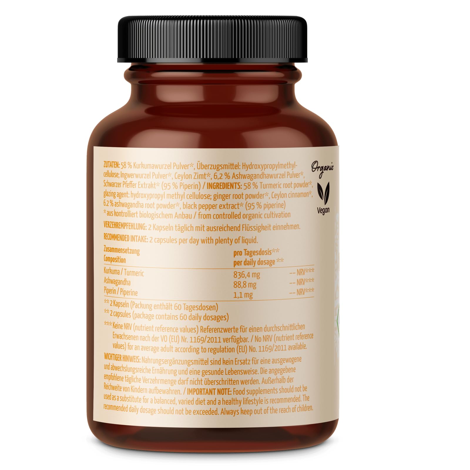 Goldene Mischung Kapseln Bio 120 Stück | mit Kurkumapulver, Ingwerpulver, Ceylon Zimt, Ashwagandhapulver und Schwarzem Pfeffer | das Beste aus der ayurvedischen Lehre | Bio-Qualität | vom Achterhof