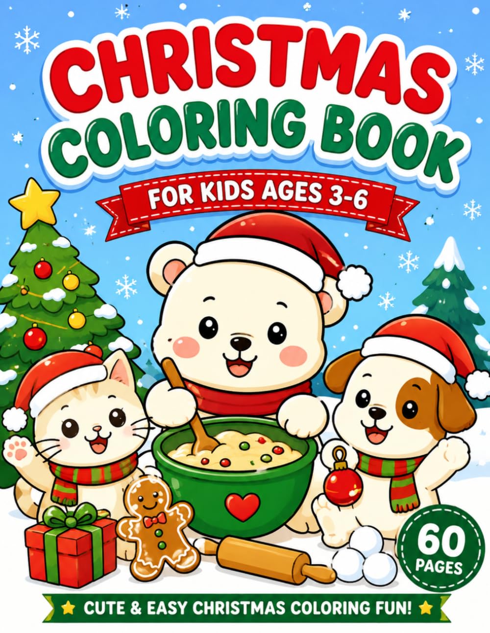 Christmas Coloring Book for Kids Ages 3–6: 60 Cute & Easy Holiday Coloring Pages Featuring Santa, Reindeer, Snowmen, Christmas Trees & More