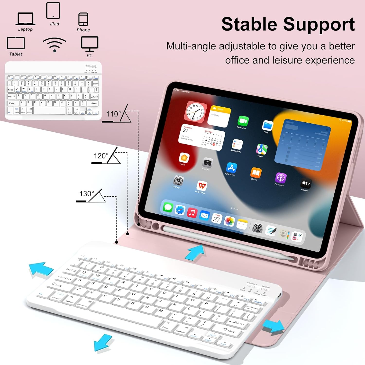 Keyboard Case for iPad (A16) 11th Gen 11 inch 2025 & iPad 10th Gen 10.9 inch 2022 with Holder | Detachable Bluetooth Wireless Keyboard | Soft TPU Back Shell | Auto Sleep/Wake(Chalk Pink