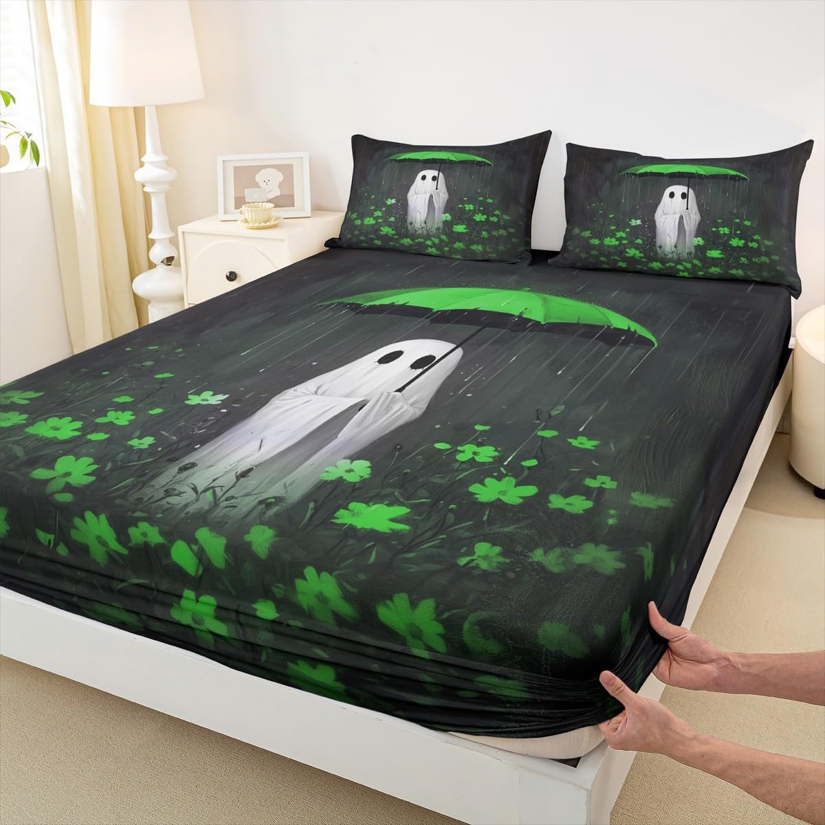 Gothic Fitted Sheet Halloween Ghost Full Size Bed Sheets - Green Umbrella Jungle Flowers Boho Floral Bedding Set,Halloween Decorations