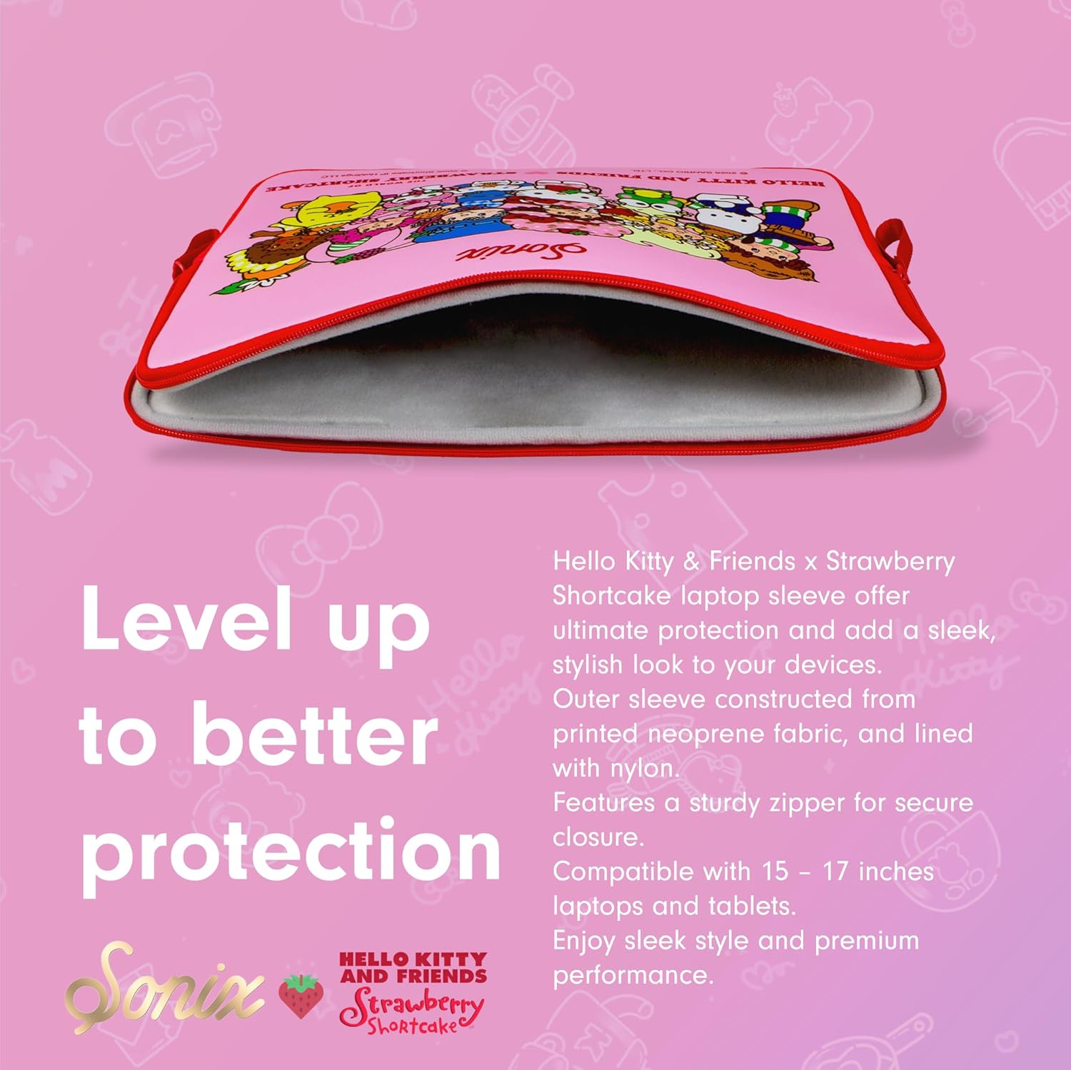 Sonix x Sanrio Slim Laptop Sleeve 16 inch, Neoprene Computer Cover Case, Protective Tech Bag | Hello Kitty and Friends x Strawberry Shortcake - 16" - Image 8