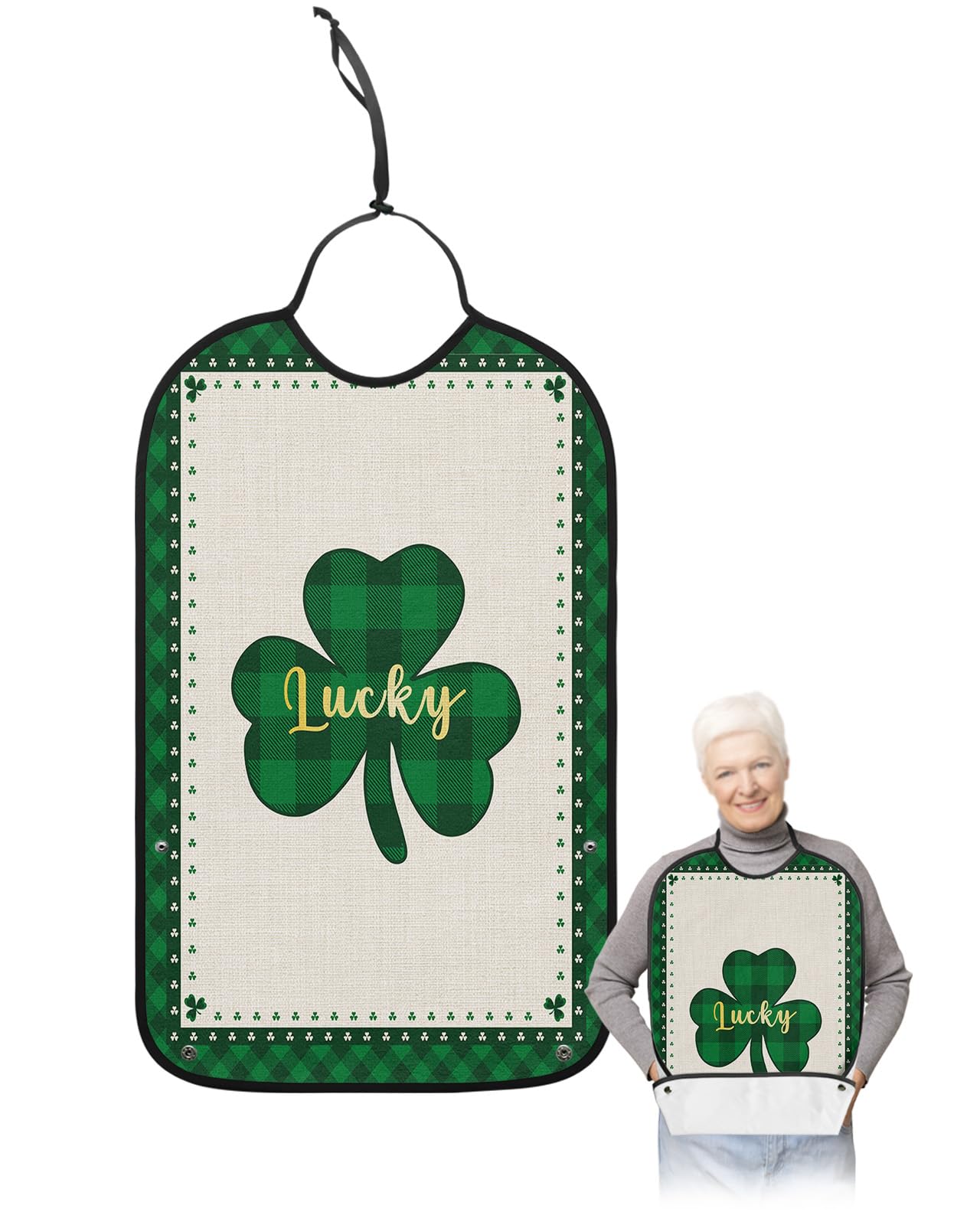 St. Patrick's Day Adult Bibs for Eating, Waterproof Bibs with Food Catcher & Adjustable Snap Closure, Green Black Buffalo Plaid Board Lucky Clover Clothing Protectors Adult Bibs for Elderly Women/Men