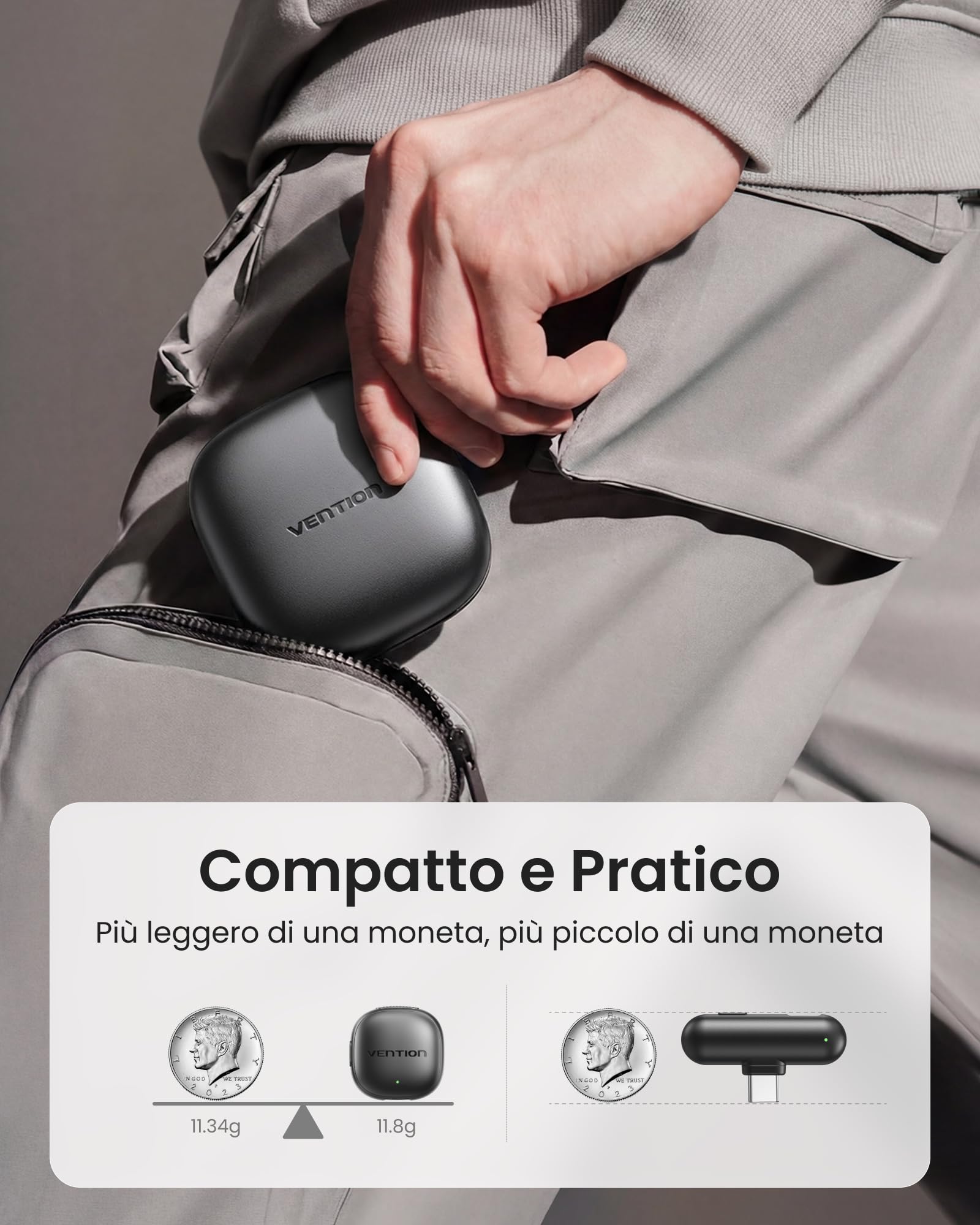 VENTION Mini Microfono Wireless per iPhone 17/16/15 Pro Max, [Plug and Play] USB-C Bluetooth Lavalier Microfono per Android,Dotato di custodia di ricarica da 24 ore per Registrazioni Video,Vlogging