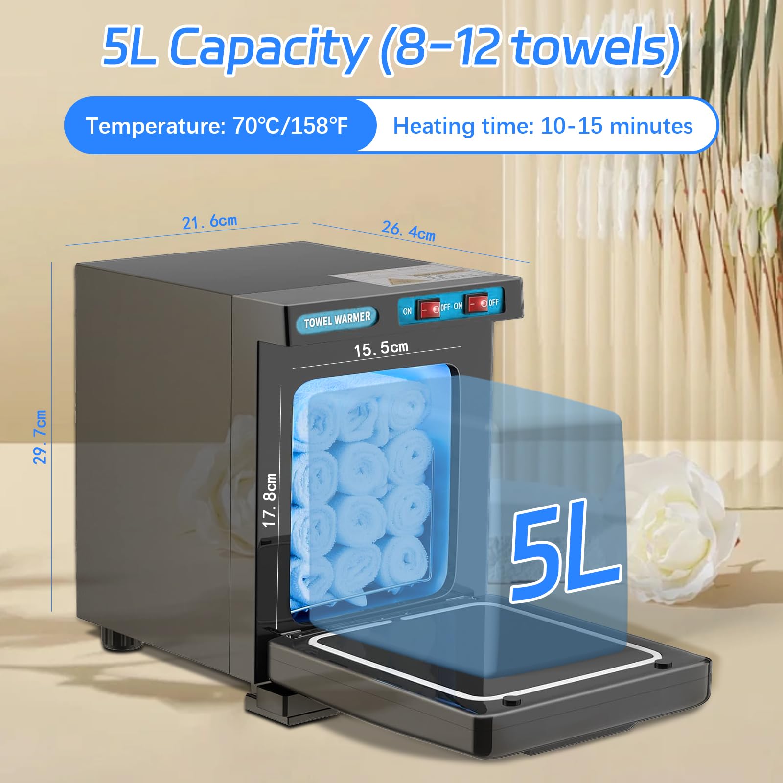 Scaldasalviette 5L - Sterilizzatore UV, 70°C, Per 8-12 Asciugamani, Nero - Foto 6