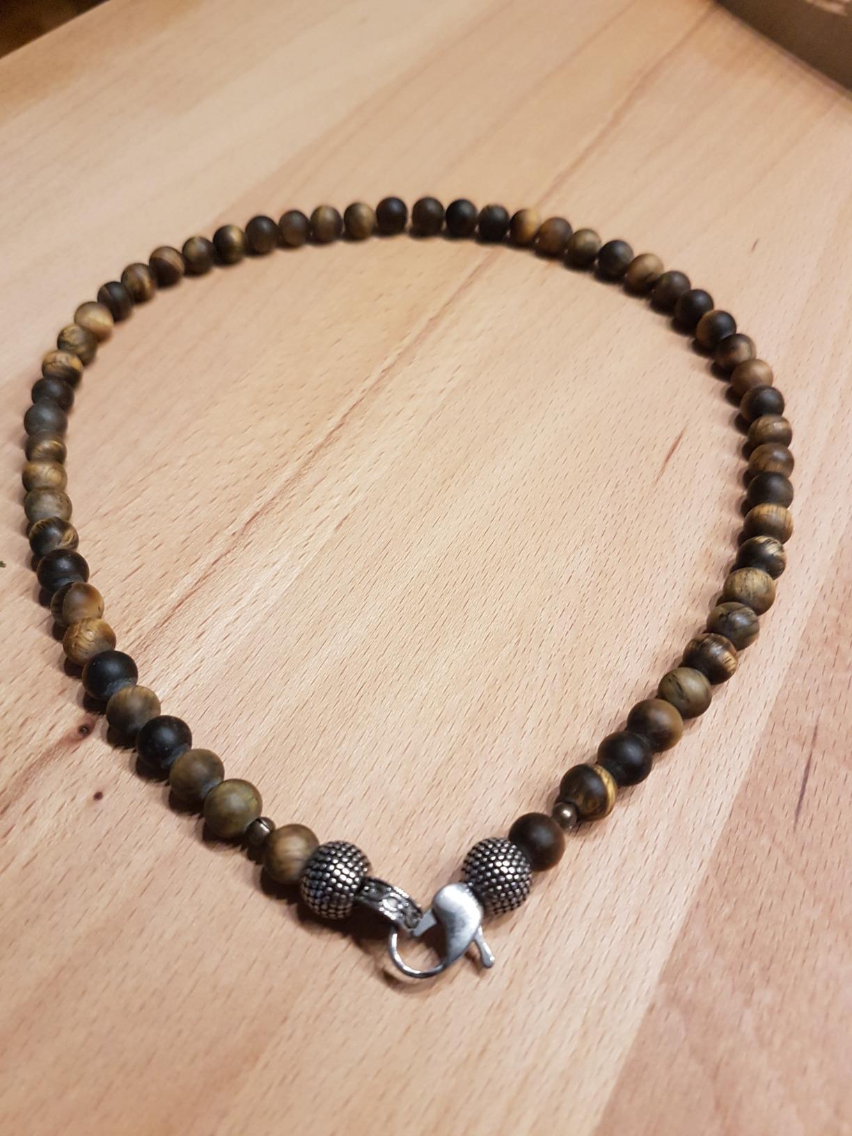 GAVU Tigerauge Moosachat Perlenkette - Surfer Kette Für Herren Mit Goldakzenten