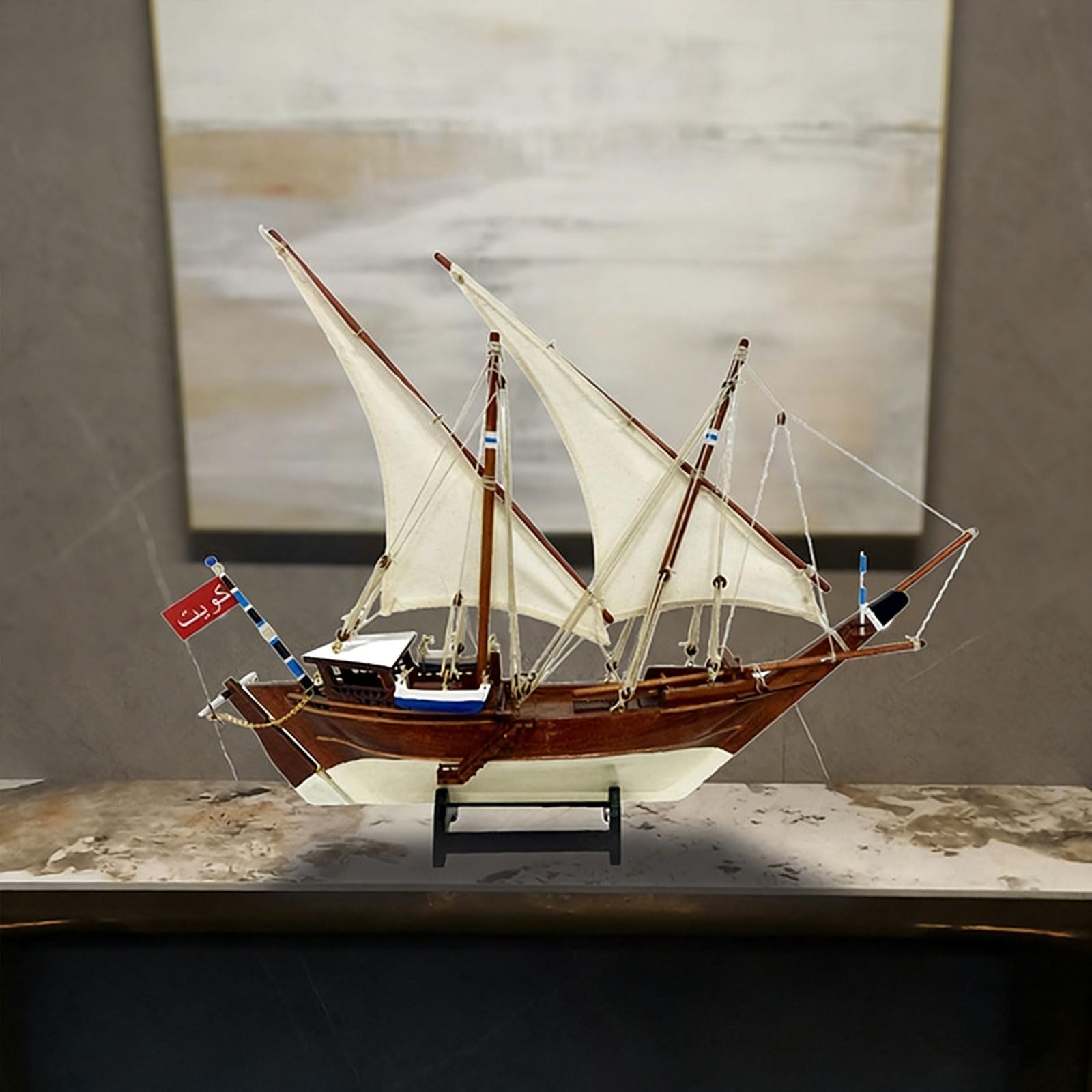 YLME Ręcznie wykonany drewniany model żaglówki Dhow Dekoracja z litego drewna w stylu arabskim, ręcznie wykończona, w stylu marynistycznym Prezent dla kolekcjonerów marynistyki i żeglarzy,30cm