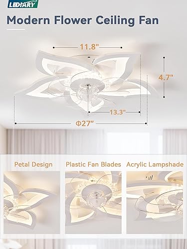 Miniatura 5 de LEDIARY Ventiladores de techo de flores con luces, pequeño ventilador de techo moderno de perfil bajo de 27 pulgadas, lámpara de techo LED