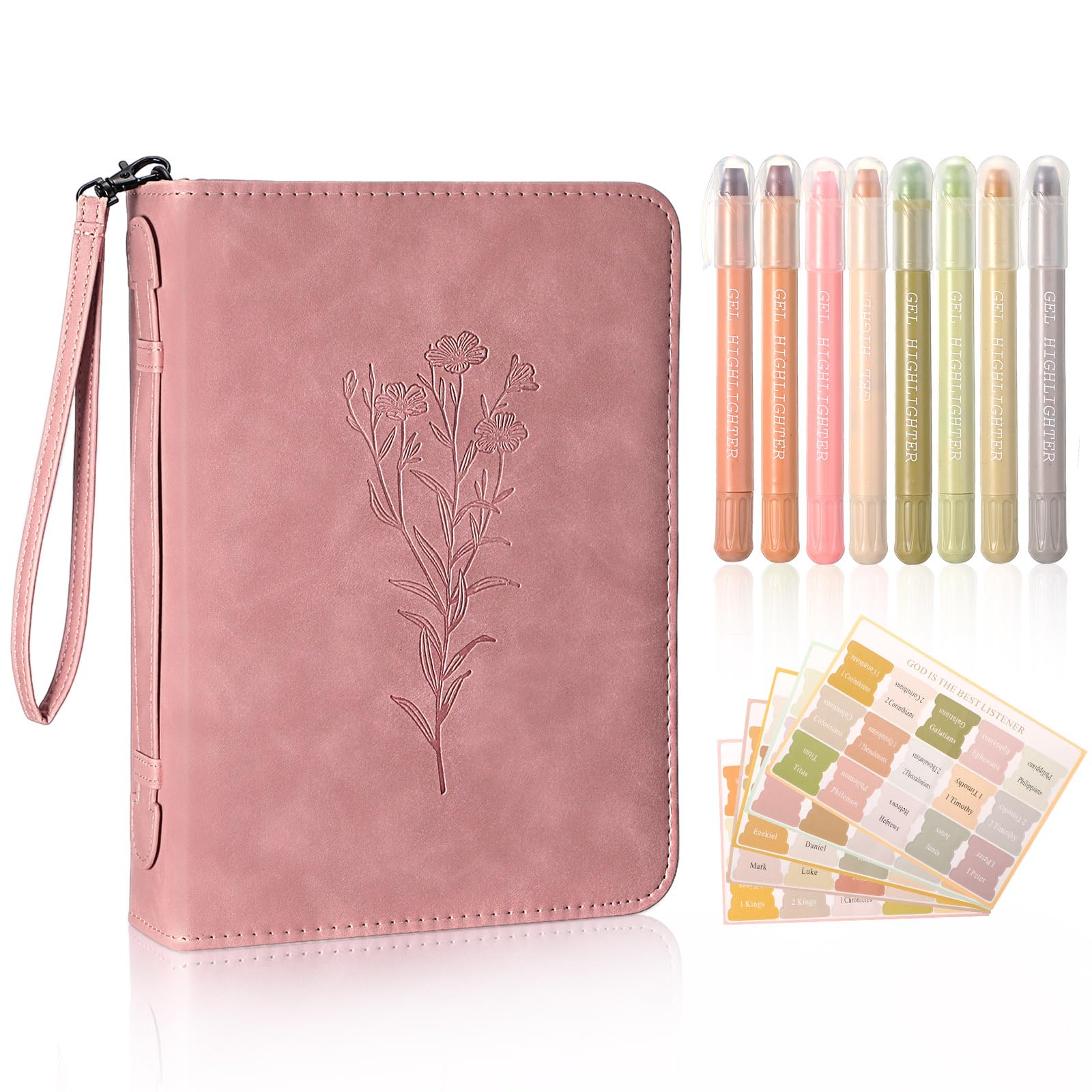 Locmeo Bible Covers for Women Large Bible Cover Case for Women Durable PU Leather Case with Detachable Wristlet Floral Box with Tabs and Highlighters