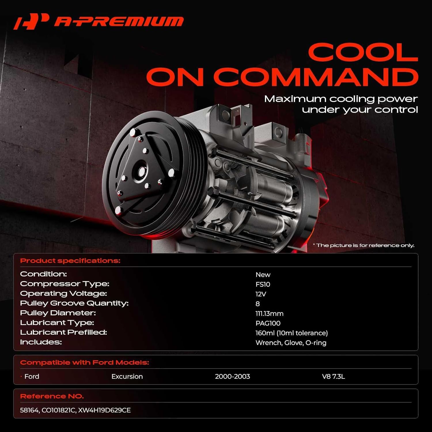 A-Premium A/C Compressor with Clutch Compatible with Ford Excursion 7.3L 2000-2003