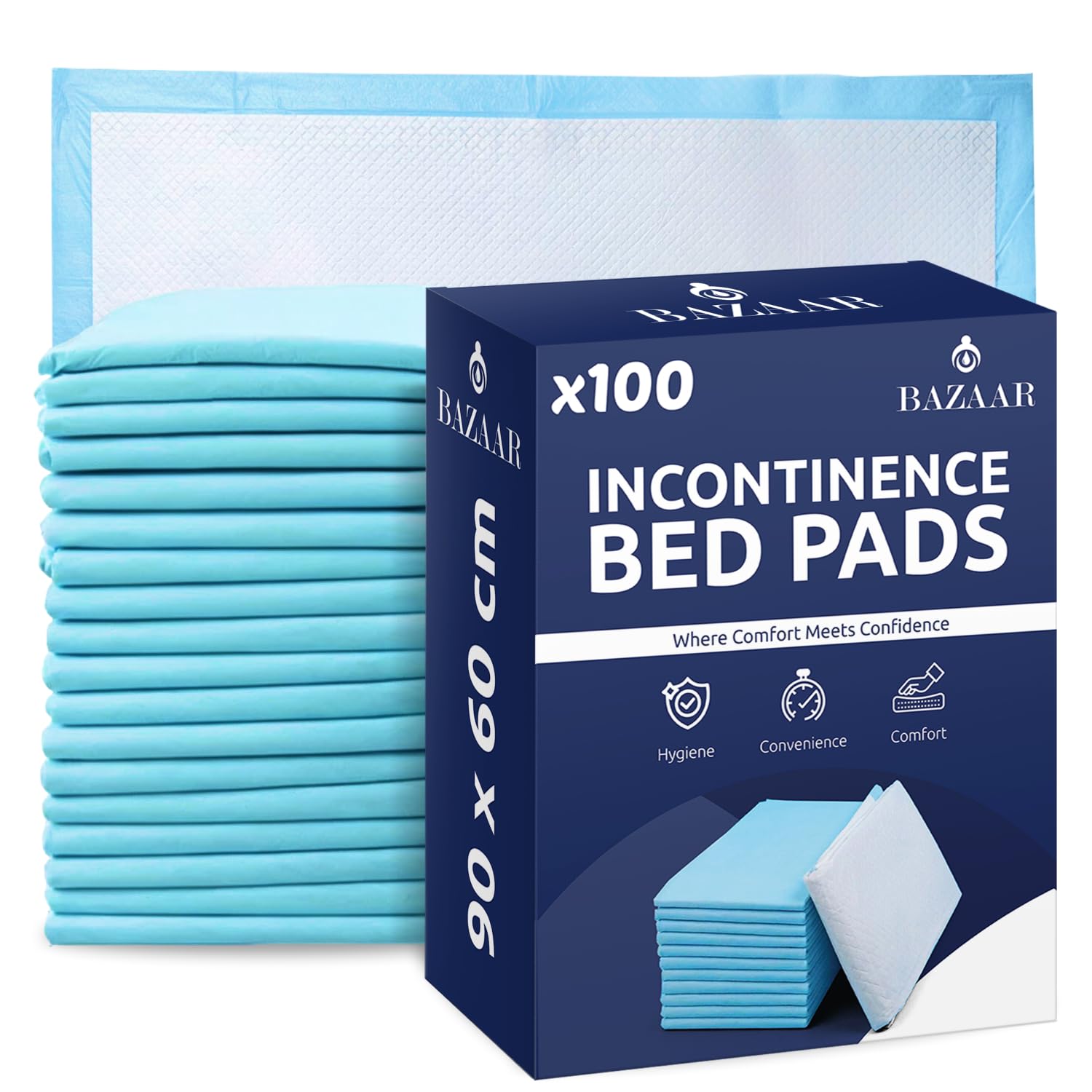 Bazaar Blue 100 X Plus Disposable Incontinence Bed Pads 90 X 60Cm – Highly Absorbent Waterproof Bed Sheets For Adults, Elderly, Children & Babies – Bed Wetting Sheets & Bed Protectors For Mattress