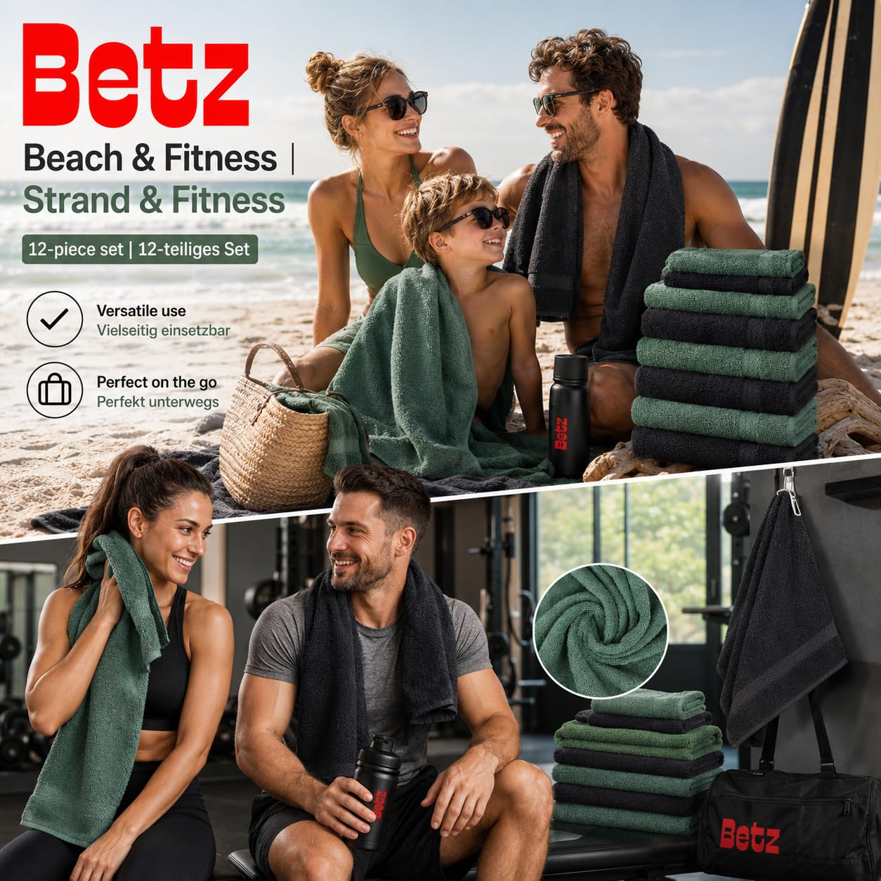 Betz Lot de 12 Serviettes Premium 2 draps de Bain 4 Serviettes de Toilette 2 Serviettes d'invité 2 lavettes 2 Gants de Toilette 100% Coton Couleur Graphite & Vert Sapin