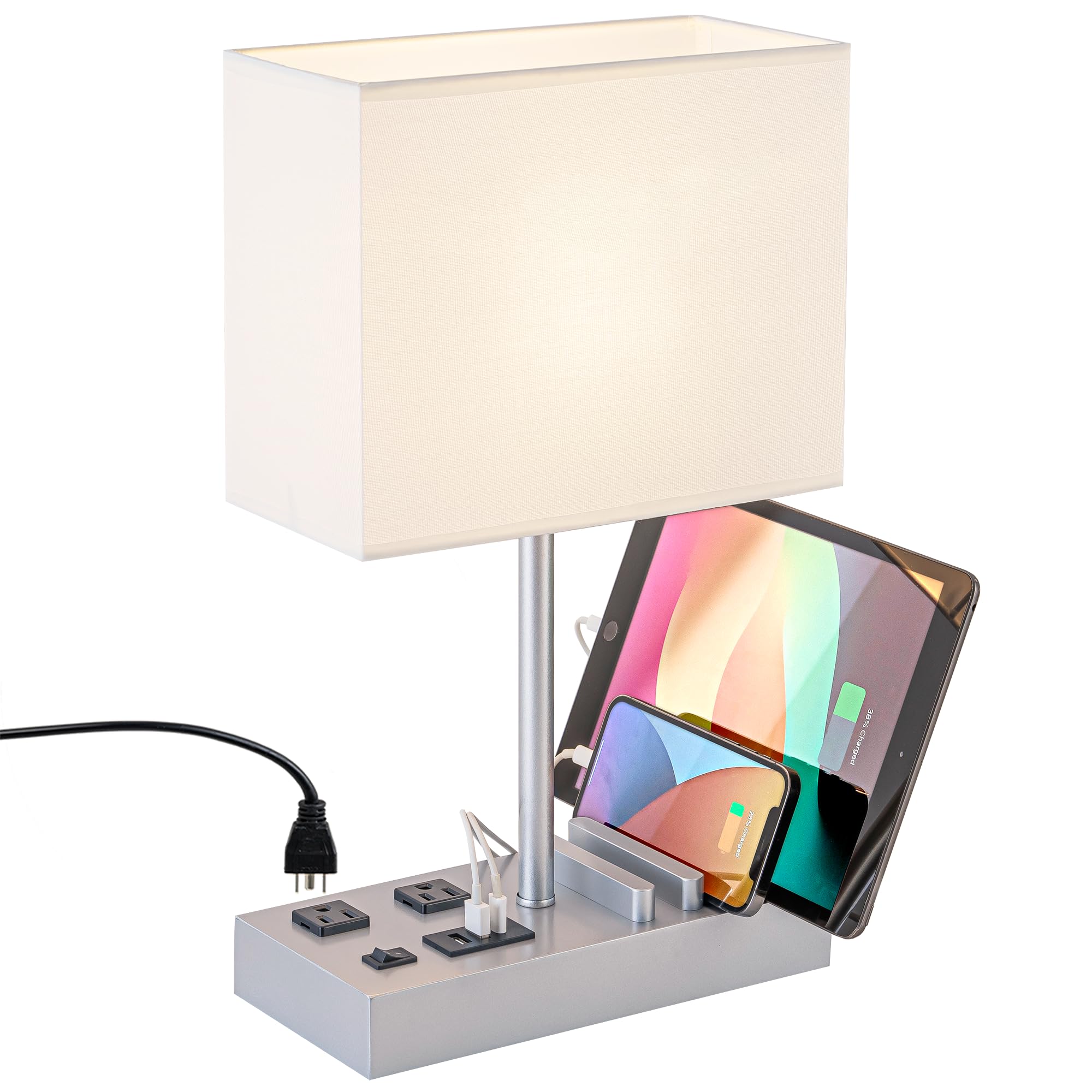 Dreamholder Desk Lamp with 3 USB Charging Ports, Table Lamp with 2AC Outlets and 3 Phone Stands, Nightstand Bedside Lamp with Natural Wooden Base and Cream Linen Shade: Silver Wood Base