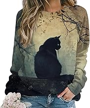 ZOCAVIA Womens Funny Cat Sweatshirts Fall Casual Crewneck Pullover Tops Vintage Forest Graphic Long Sleeve T Shirts Oversized