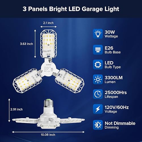 Miniatura 2 de SANSI Luz de techo LED de garaje de 300 W, deformable, 3300 lúmenes, 5000 K, luz diurna blanca brillante, luces LED con 3 paneles ajustables,