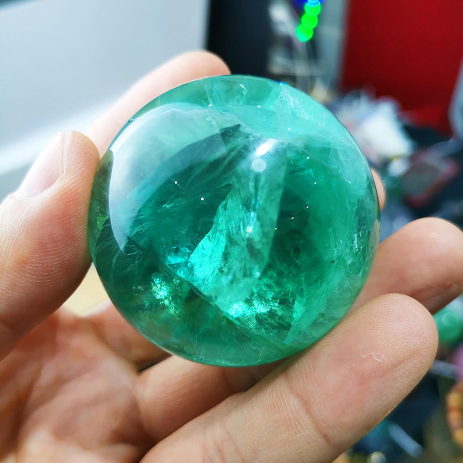 Home Decor Crystal Ball Green Fluorite Crystal Sphere with Stand Crystals Collection Specimens Quartz Sphere Gemstone Ball,9cm/3.5in
