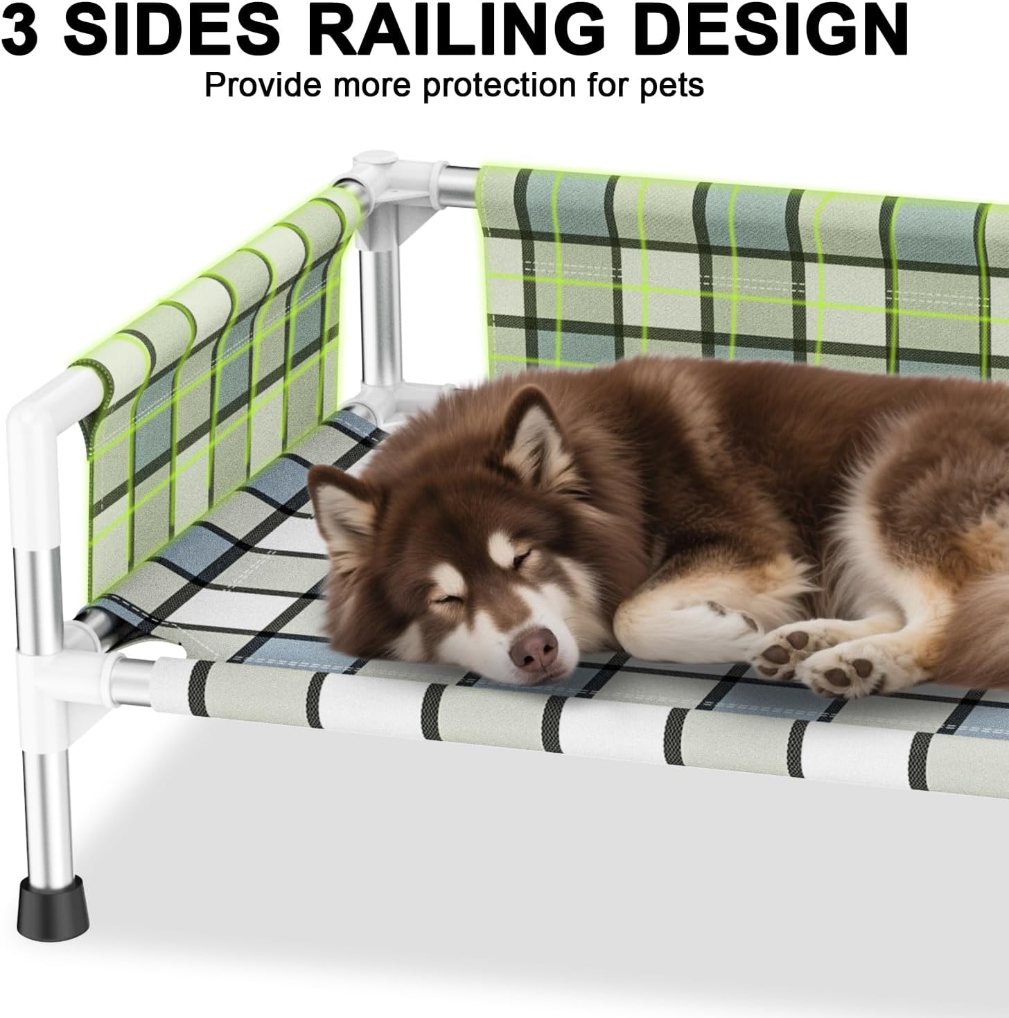 Elevated Raised Outdoor Dog Bed - Cooling Washable Dog Cot with Guardrail, Durable & Breathable Cotton Mesh Pet Hammock Beds with Stainless Steel Pipe Frame for Medium Pets (34'' x 20'' x 12'')