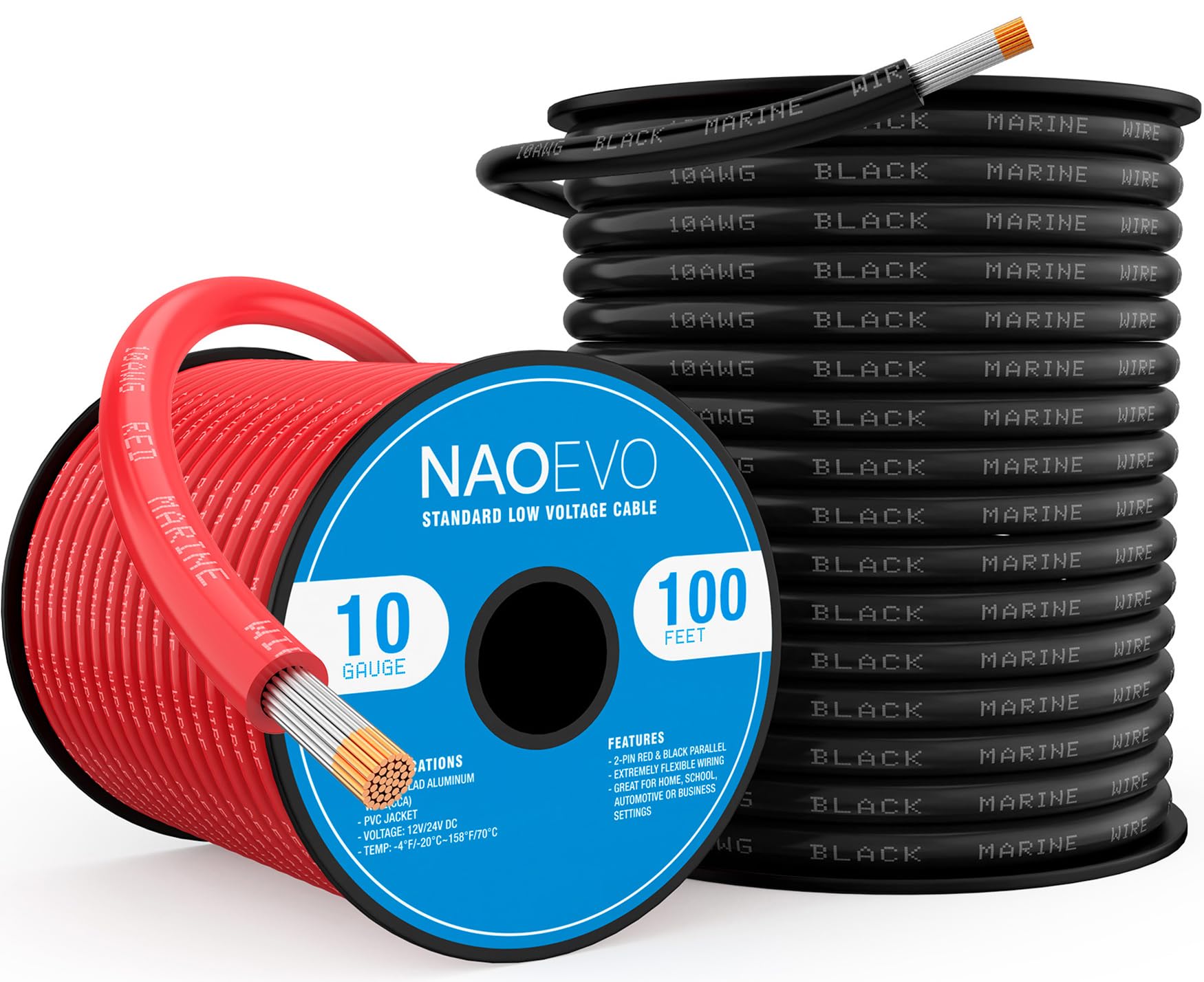 NAOEVO 10 Gauge Marine Wire, 10 AWG Tinned Copper PVC Marine Grade Wire, IP68 Waterproof/Corrosion-Resistant Electrical Cable for Boat RV, Automotive, Solar, Trolling Motor (100 ft Black + 100 ft Red)
