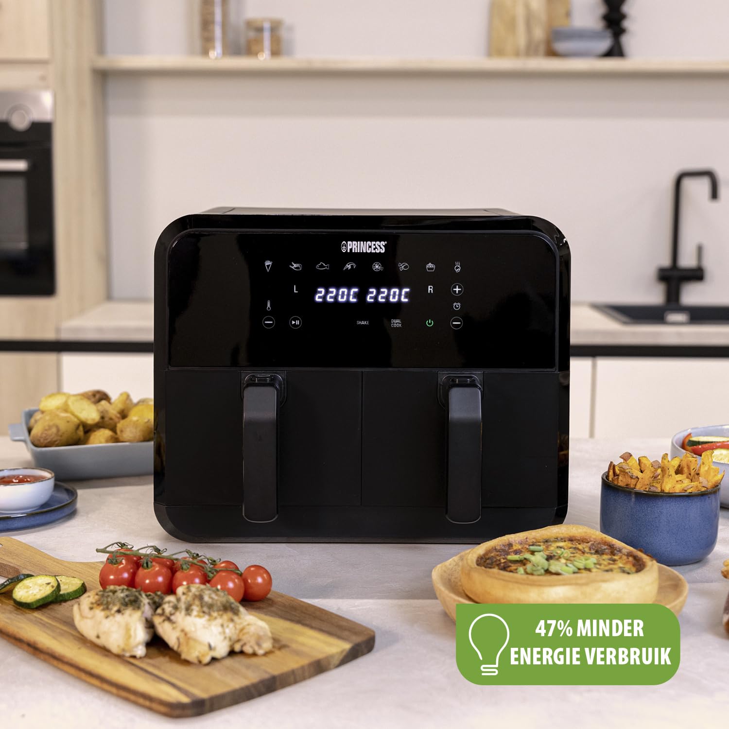 Princess Heteluchtfriteuse met dubbele kamer met 2 x 4 liter inhoud, 74% minder energieverbruik, aparte temperaturen voor 2 vakken, 8 programma's, 182068, 2400 watt, 38,4 x 37,4 x 30,8 cm