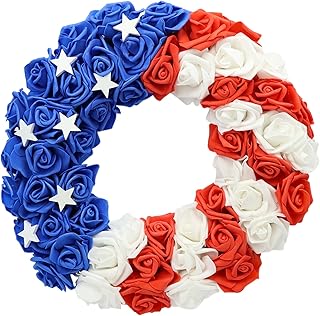 4th of July Wreath with Handmade Wooden Stars - 18 Inch Patriotic Front Door Wreath, Red White Blue American Flag Decor for Porch, Indoor Outdoor Memorial Day Independence Day