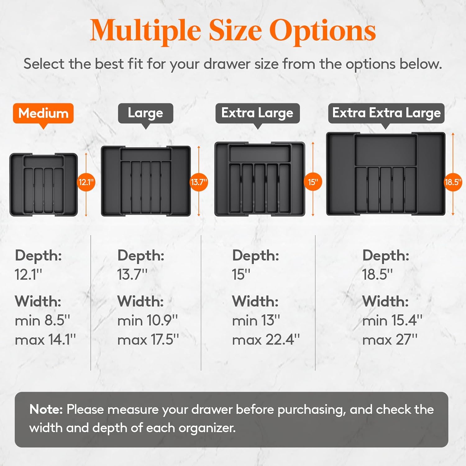The Lifewit Expandable Silverware Organizer in black, shown fitted into a kitchen drawer, demonstrating its adjustable width and compartment layout.