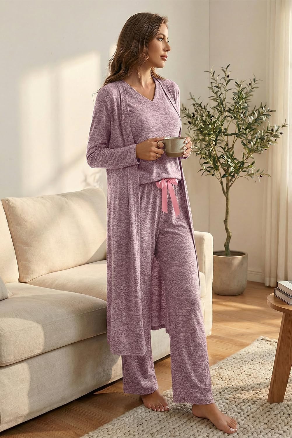 Opemiby Womens Pajamas Set Knitted T Shirt and Pants Lounge Set with Cardigan 3 Pieces Sleepwear Pjs Sets Loungewear