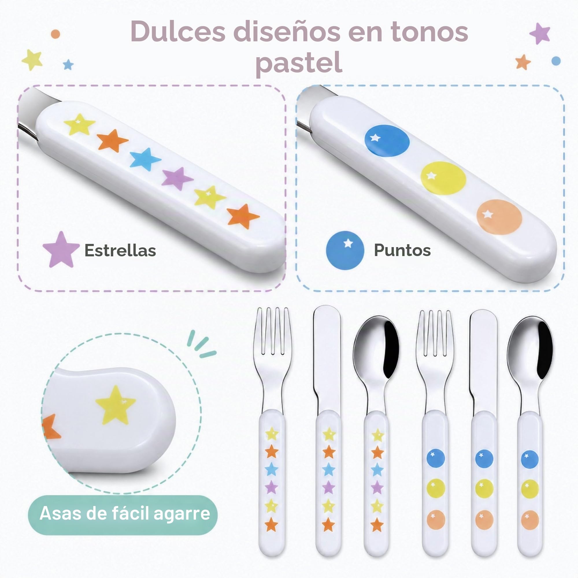 Exzact Cubiertos Infantiles 6 Piezas de Acero Inoxidable 18/10-2 x Tenedores, 2 x Cuchillos de Seguridad, 2 x cucharas, Mango de plástico, Cubertería Infantil sin BPA - Estrellas y Puntos