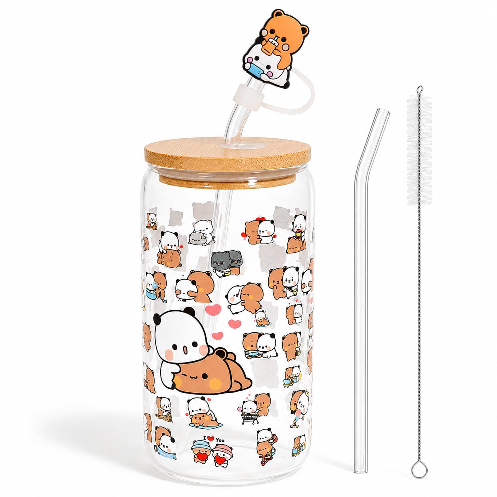 PANMAY Cartoon Panda Glass Drinking Cup with Lids Straws, 16Oz Bear Glass Cups Drink Coffee Matcha Birthday Gift for Women Daughter Sisters Friends