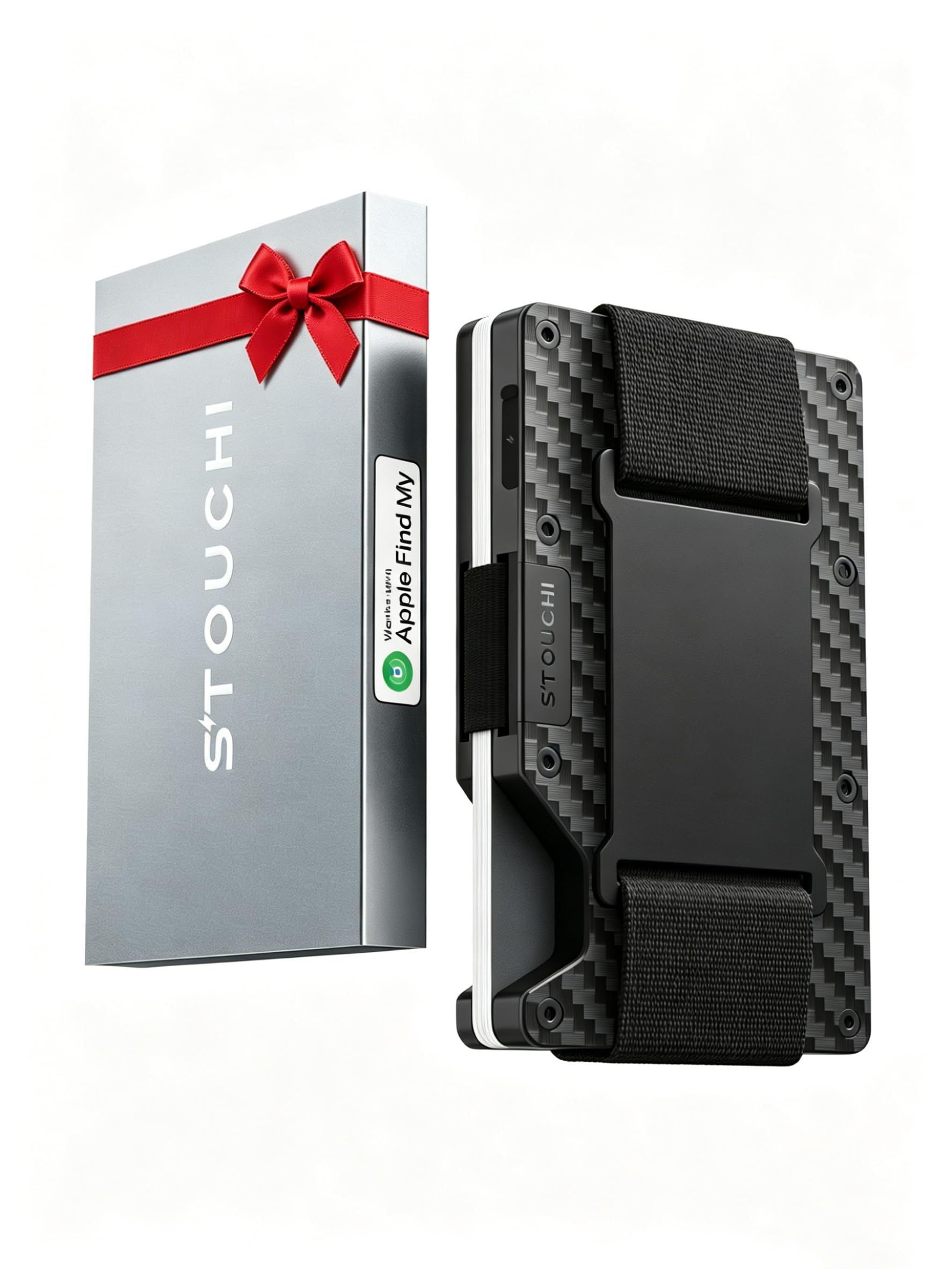 Stouchi Trackable Wallet for Men, Built-in Apple Find My (iOS Only) RFID Blocking Slim Metal Card Holder Wallet with Cash Strap Gift for Boyfriend Husband Father's Day Anniversary Birthday
