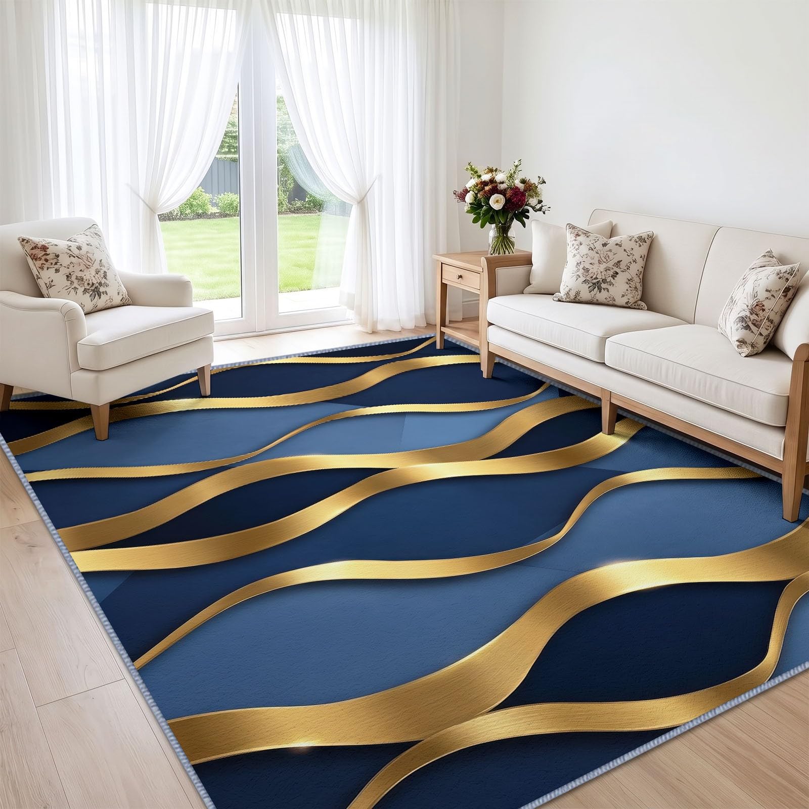Tapis de Salon Lavable 160x230 cm Art Abstrait 3D Géométrique Vague Rayure, Luxe Moderne Tapis Antidérapant à Poils Ras - Bleu Royal Moquette Décorde Sol Douce pour Chambre Bureau Chambre d'enfant