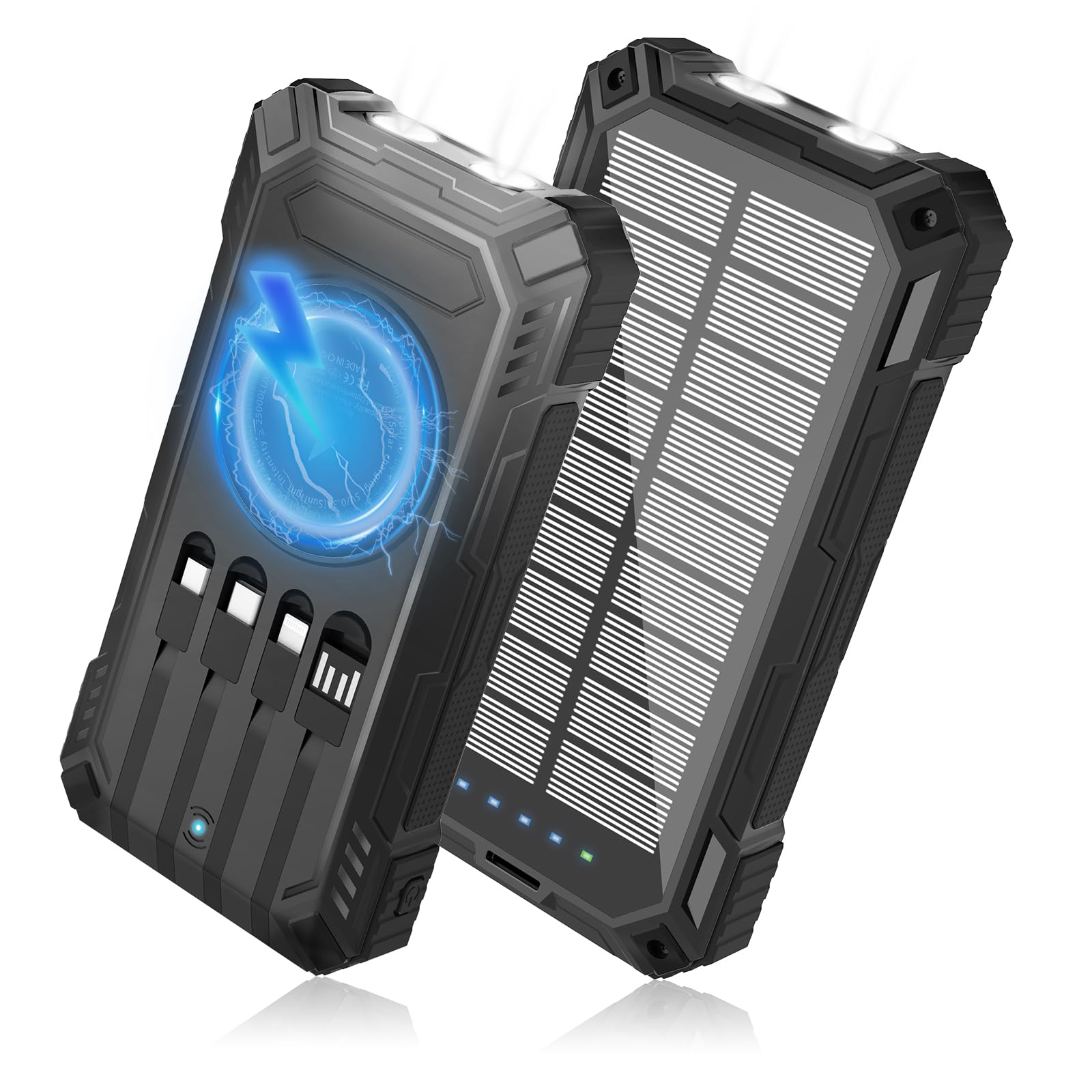 Solar Power Bank 49800 mAh - Caricabatterie portatile wireless 15 W Ricarica rapida con 4 cavi integrati. Dotato di una potente torcia, IP65 Outdoor impermeabile Power Bank perfetto per il campeggio