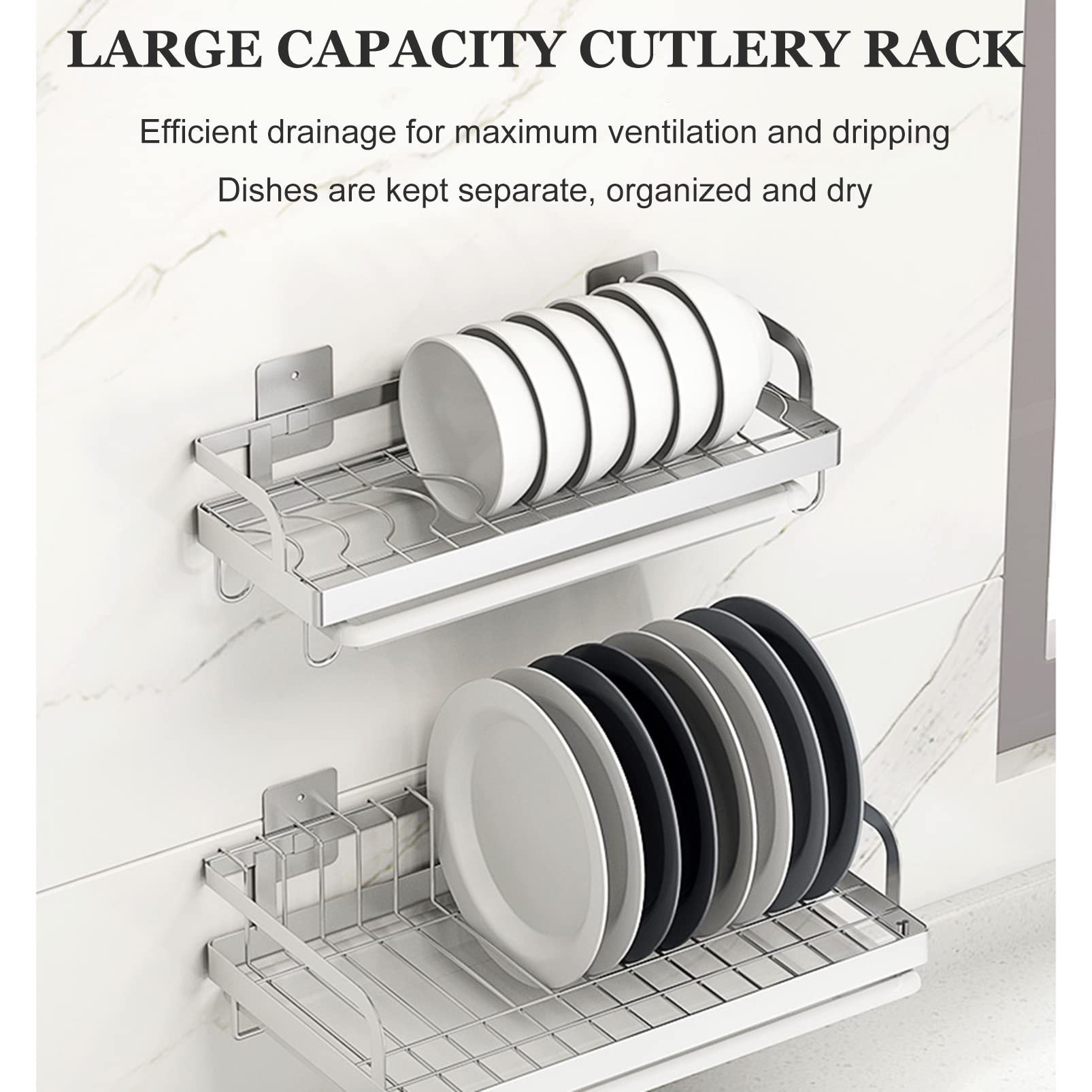 Escurridor de platos de acero inoxidable con soporte para cubiertos de pared y bandeja de drenaje para un almacenamiento y organización eficientes de la cocina