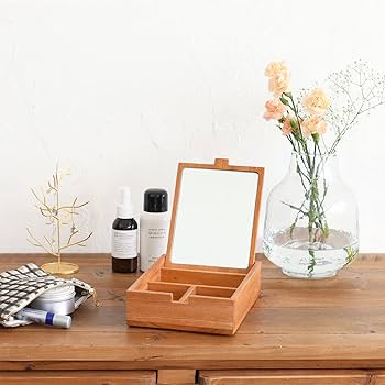 アンティーク家具　小さな鏡台　鏡付きアクセサリーケース　卓上鏡 ミラー アクセサリーケース 六角形 鏡 アクセサリー収納 ガラス