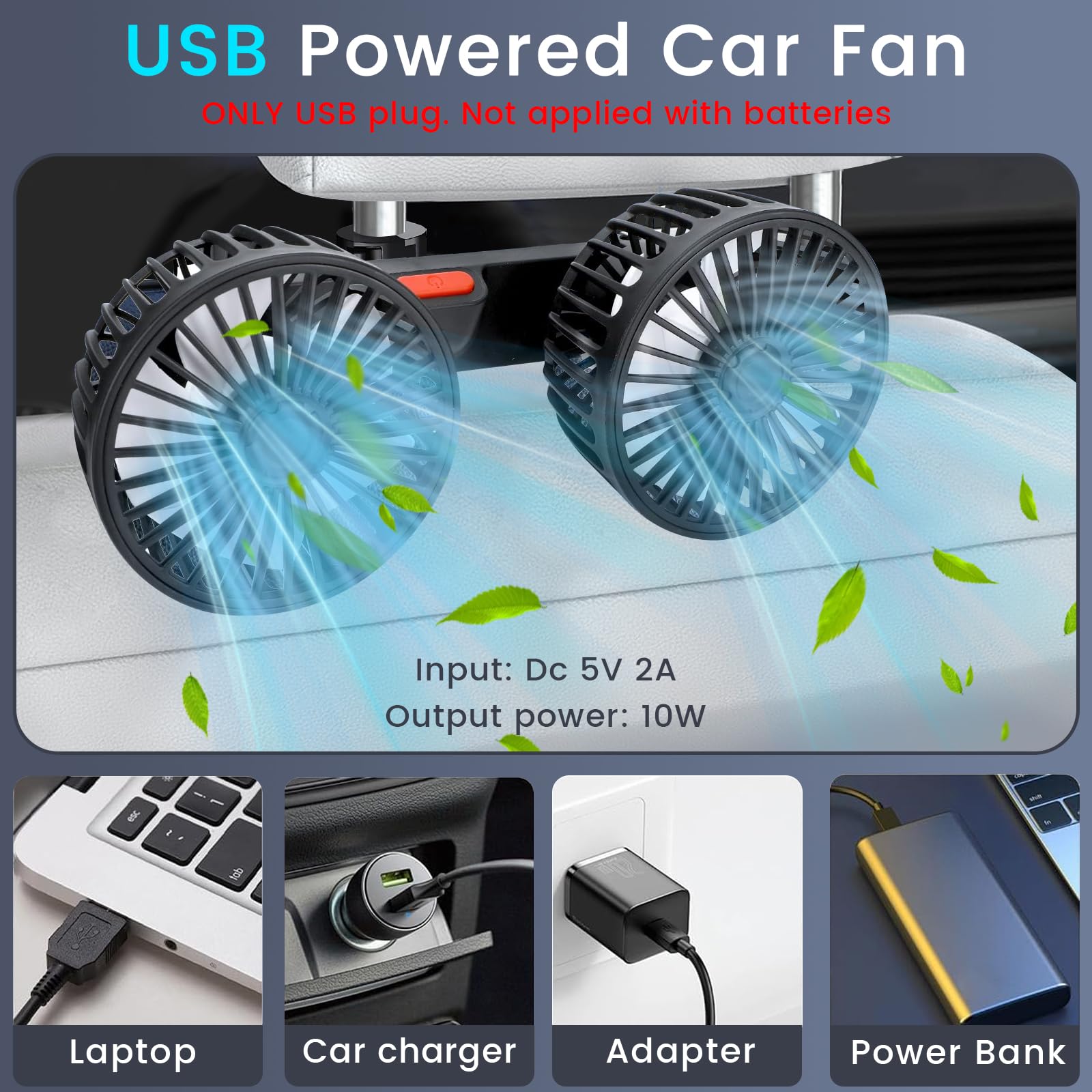 Ventiladores de refrigeración USB para asiento trasero, ventilador de coche de doble cabeza para niños, ventiladores giratorios de 360 grados, 3 velocidades, ultra silencioso, potente