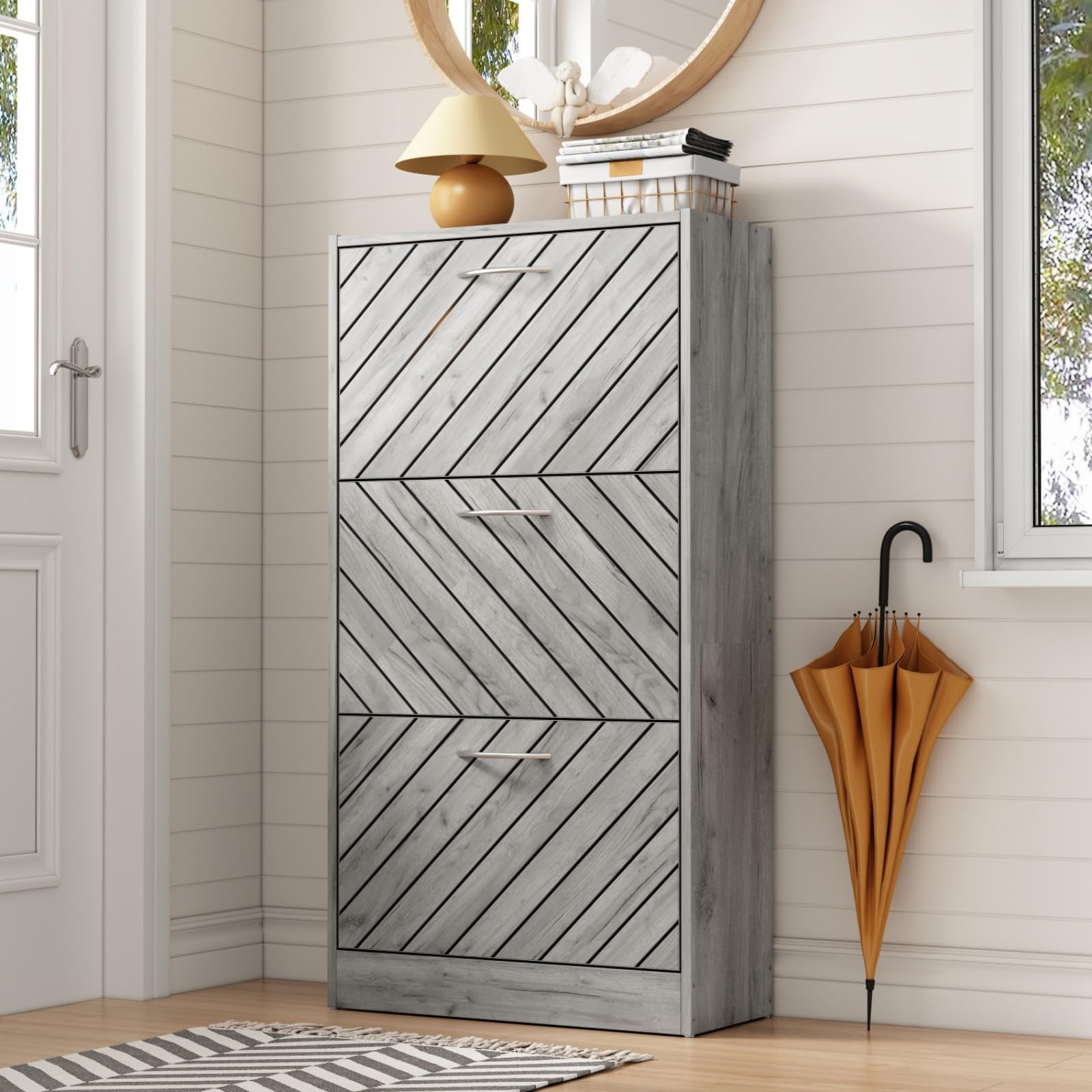 JOIKUJIA Shoe Cabinet with 3 Flip Drawers, Narrow Shoe Storage with Adjustable Shelf, Shoe Organizer Rack, Slanted Pattern, for Entryway Grey Wood