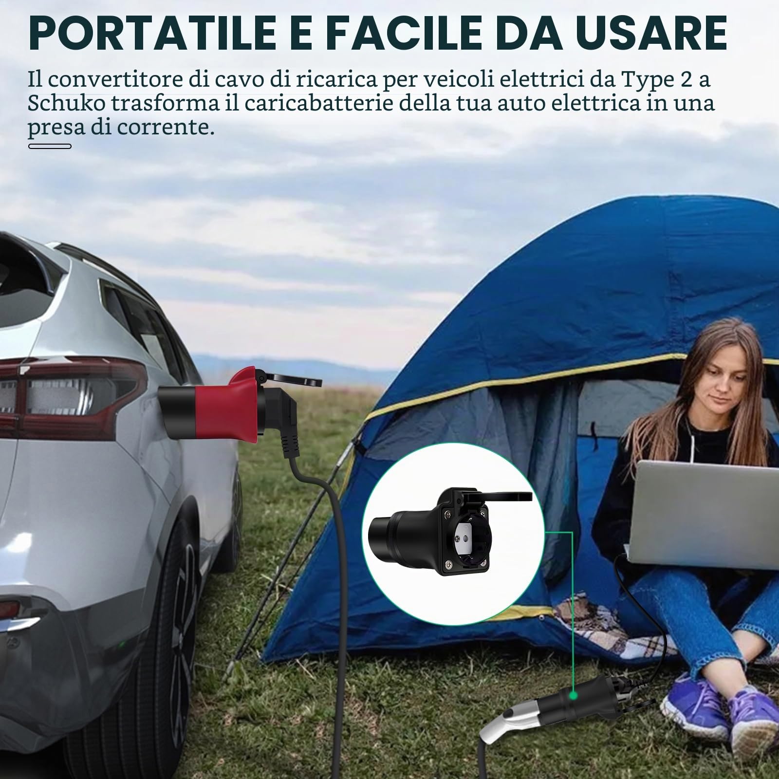 Adattatore tipo 2 a Schuko Presa 220 V tipo 2 a presa Schuko,adattatore ricarica EV Per Caricare Biciclette Elettriche, Scooter moto Elettriche presso le EV Stazioni Ricarica
