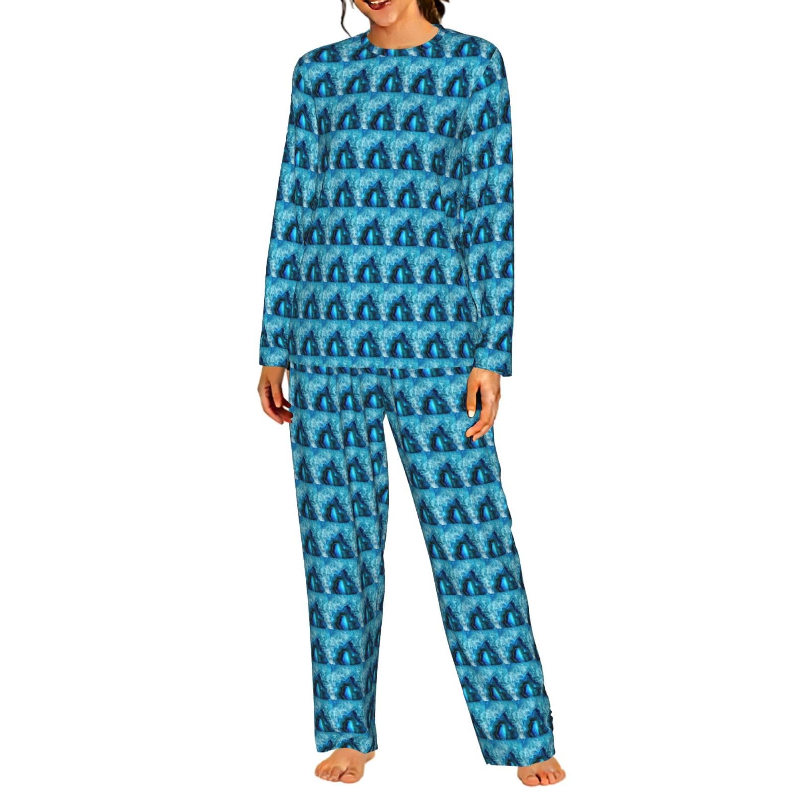 Bright Aqua Blue Stampa Donna Manica Lunga Pigiama Corrispondente Morbido Elastico Coulisse Casual Daywear