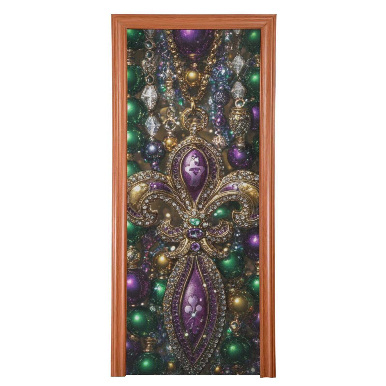 FLildon Mardi Gras Glitter Fleur De Lis Door Cover Decoration, Party Accessory Porch Decor for Festive Ornament Room Door Covers 35 x 79 Inch