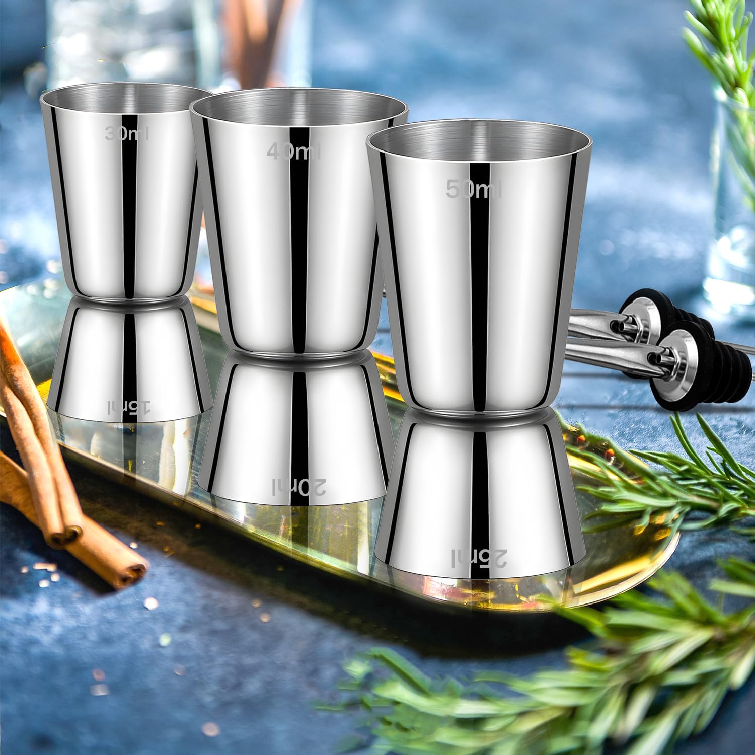 Koktajl Jigger kubek z miarką ze stali nierdzewnej 3 cl/4 cl/5cl, zestaw miseczek do pomiaru ginu, małe, podwójne wymiary, z 4 dzióbkami do butelek, 3 szczotki, akcesoria dla barmana, 3 sztuki